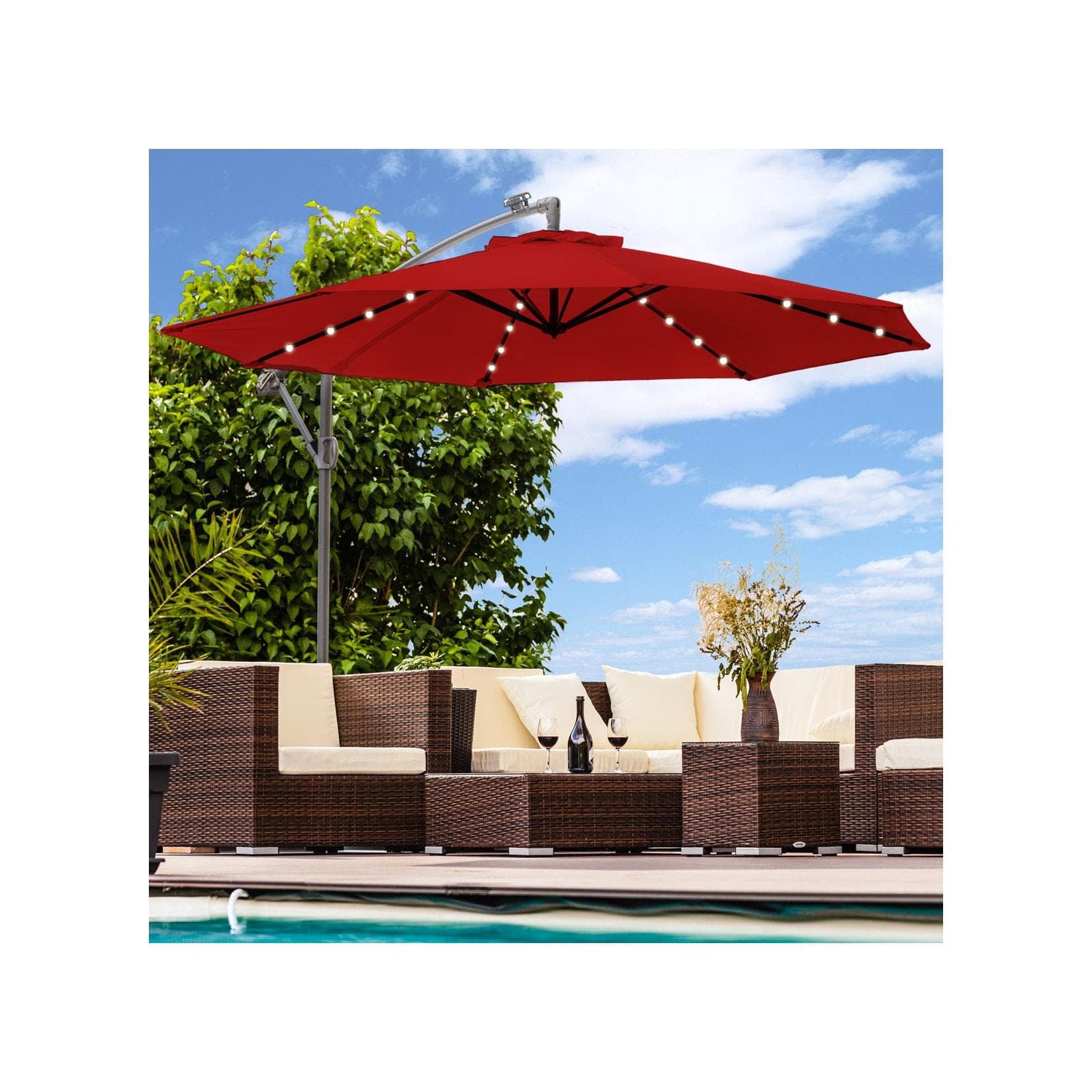 Luxus Sonnenschirm Rot 350cm mit LED Beleuchtung Solar Ampelschirm
