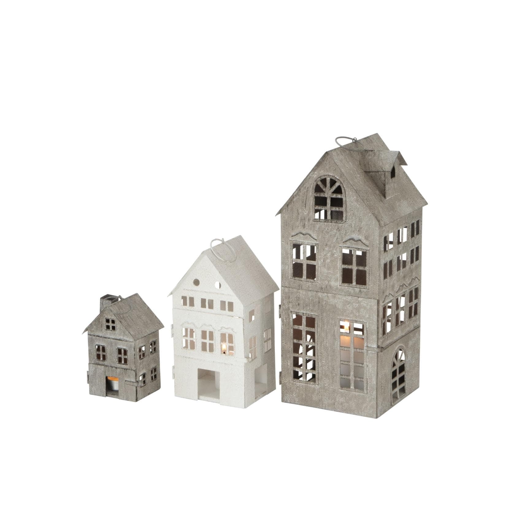 BOLTZE Kerzenlaterne Firenze 3er Set Grau Weiß Hausform Eisen