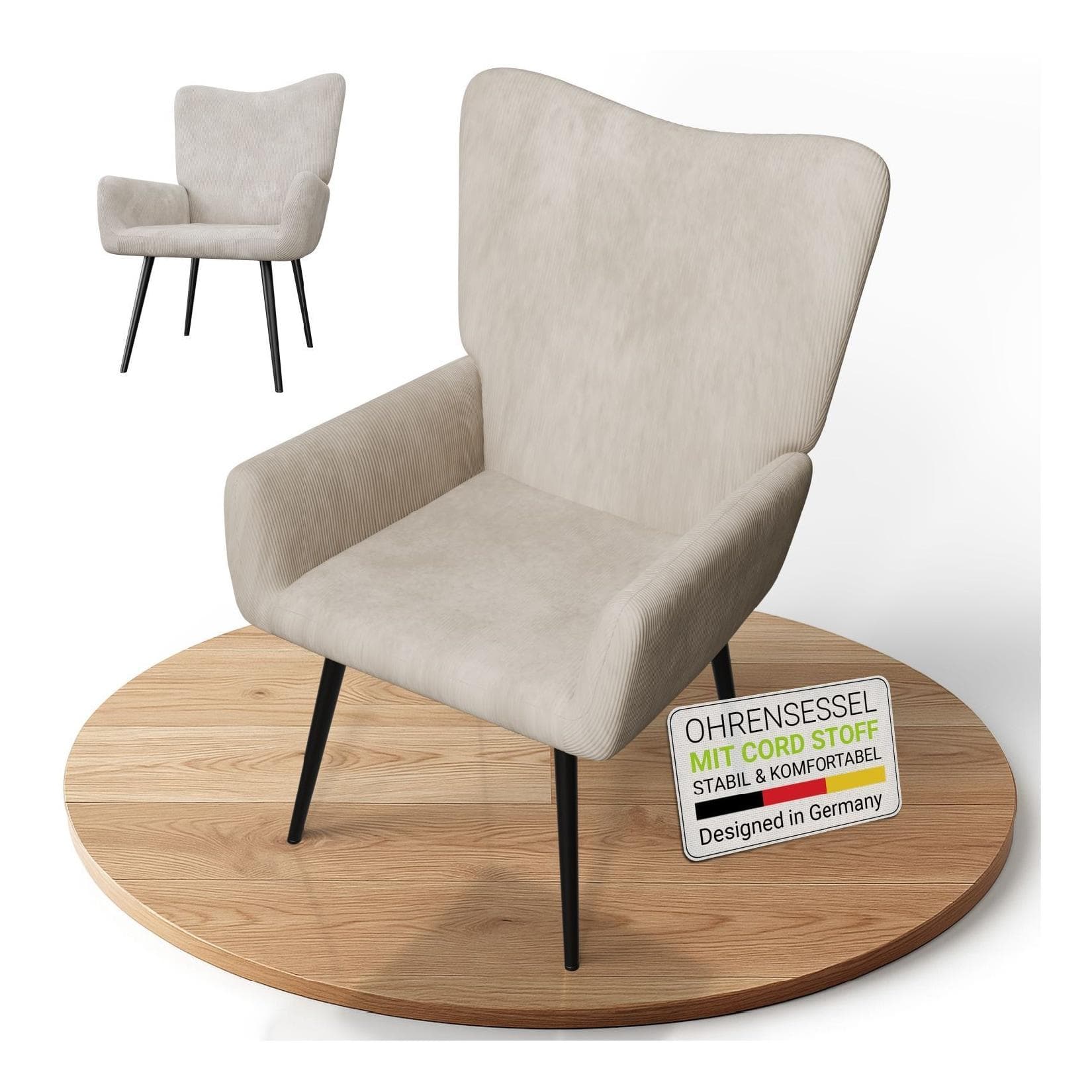 Juskys Ohrensessel Odense Beige Cord Stahlgestell
