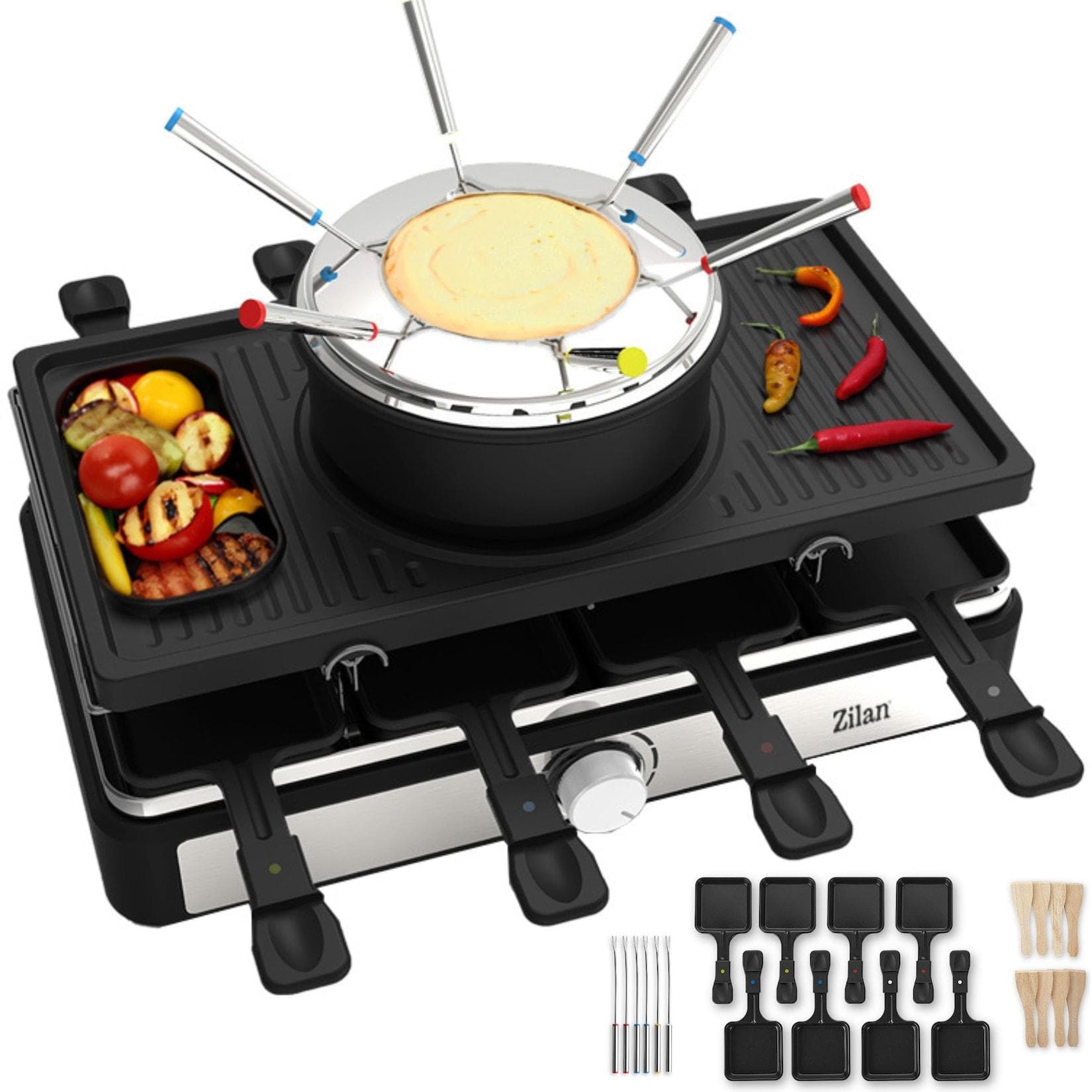 Zilan 3in1 Raclette Grill für 8 Personen mit Fondue Set 1400W