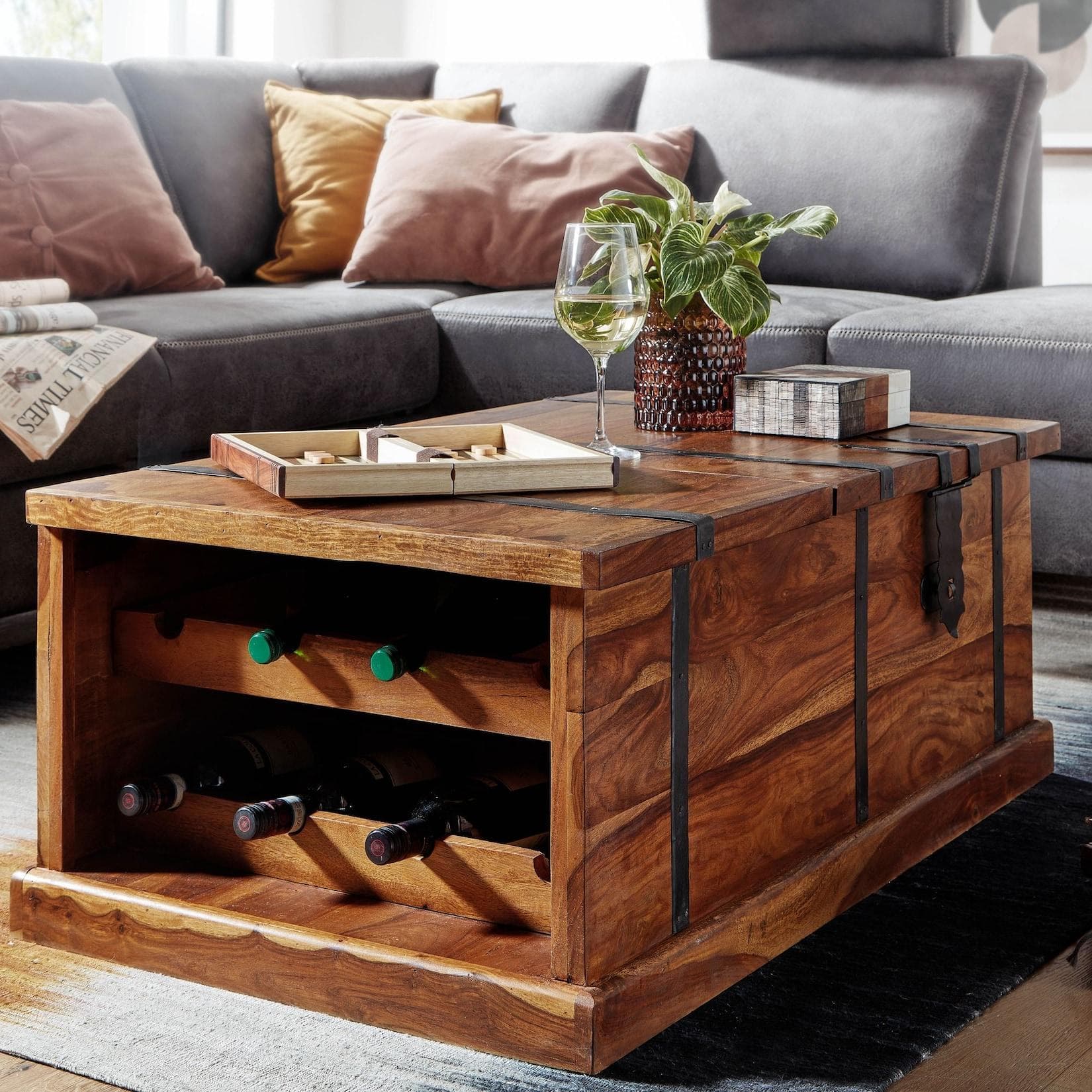 FineBuy Couchtisch Sheesham Massivholz Truhe mit Stauraum