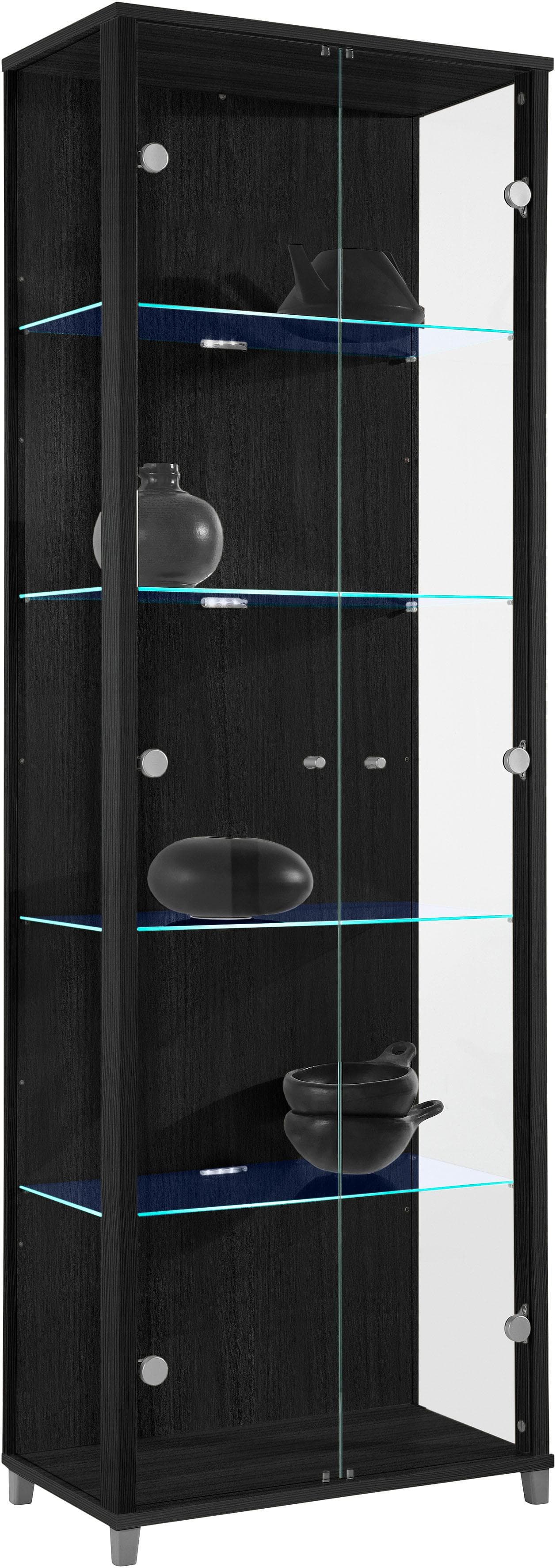 fif Möbel OPTIMA Glasvitrine - Schwarz, 2 Glastüren, LED-Beleuchtung