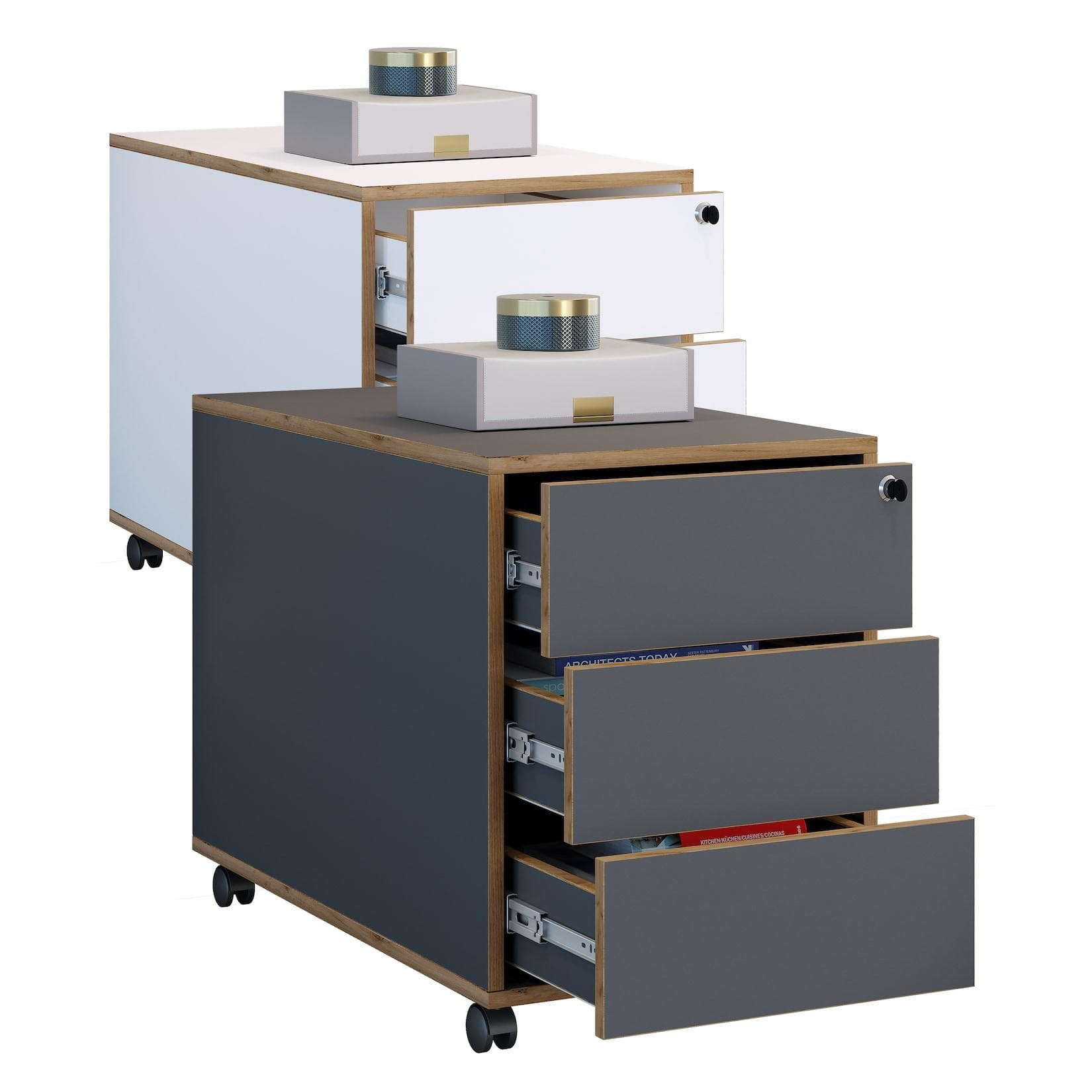 VCM Rollcontainer Holz Weiß Push-to-open