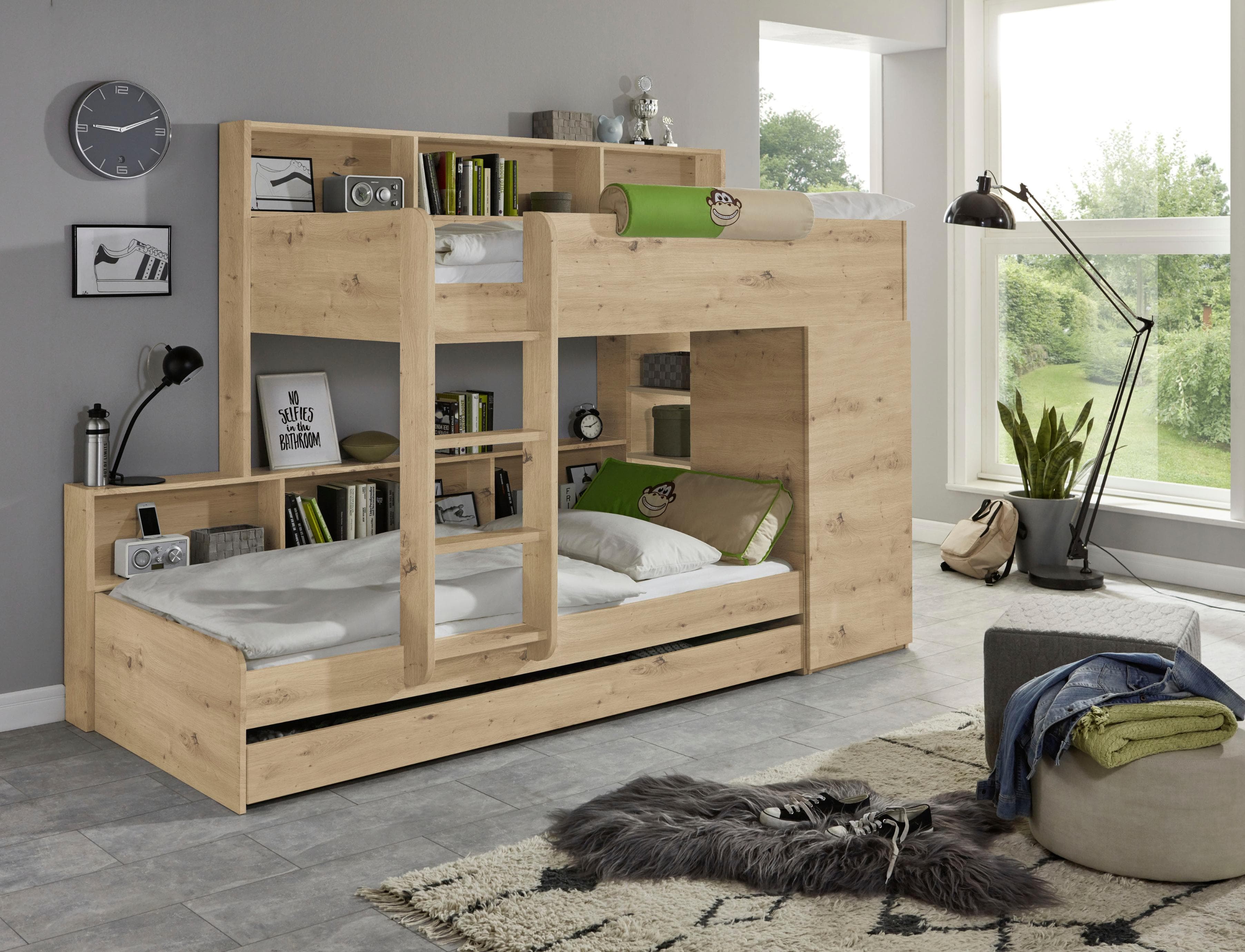 Etagenbett RELITA Beige mit Kleiderschrank und Regalablagen