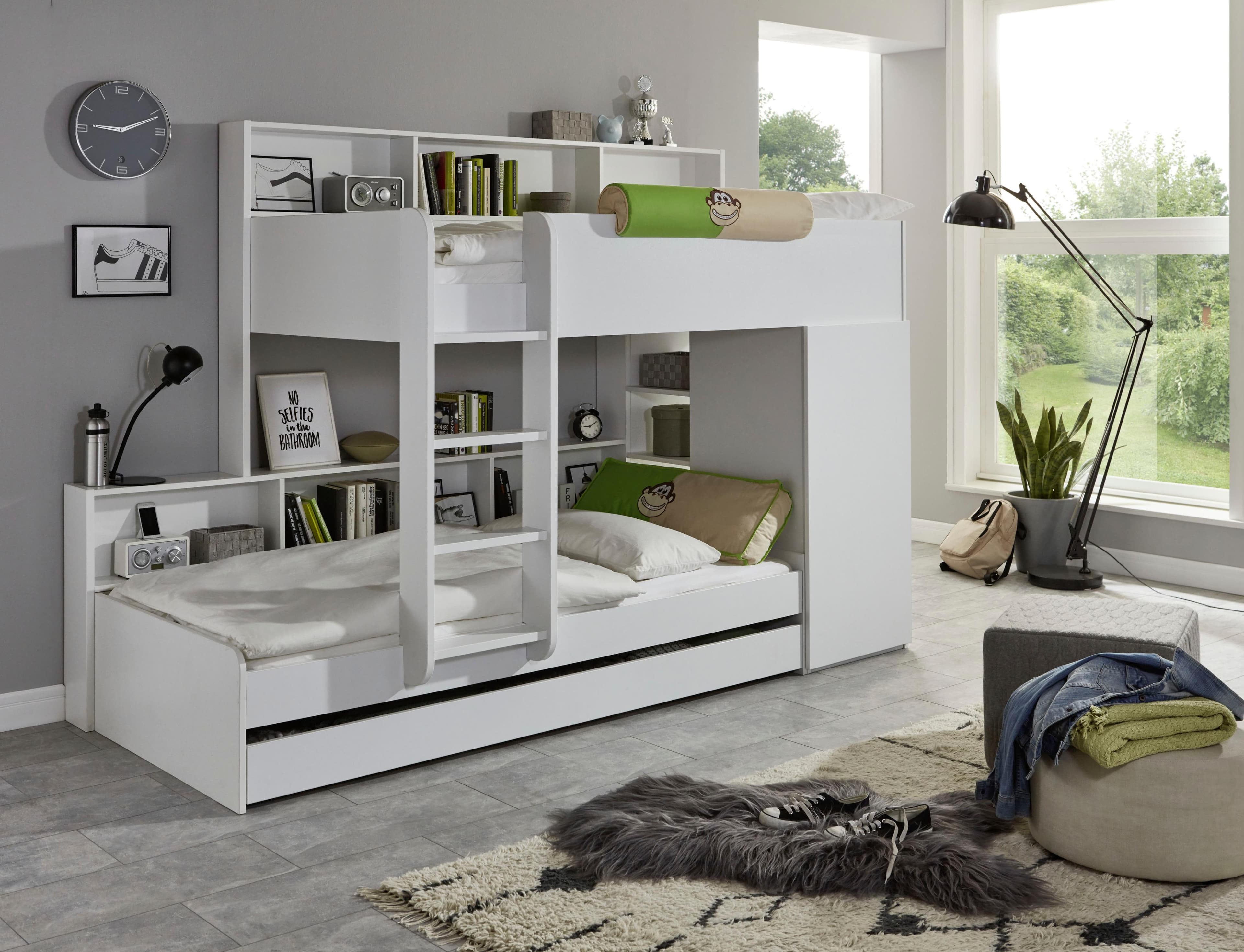 Etagenbett RELITA, weiß, 2 Schlafgelegenheiten, Kleiderschrank, Regalablagen