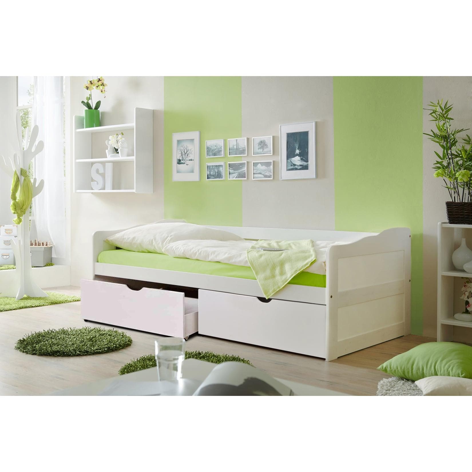 TiCAA Sofabett Melanie Weiß Kiefer inkl. Matratze und Rollrost