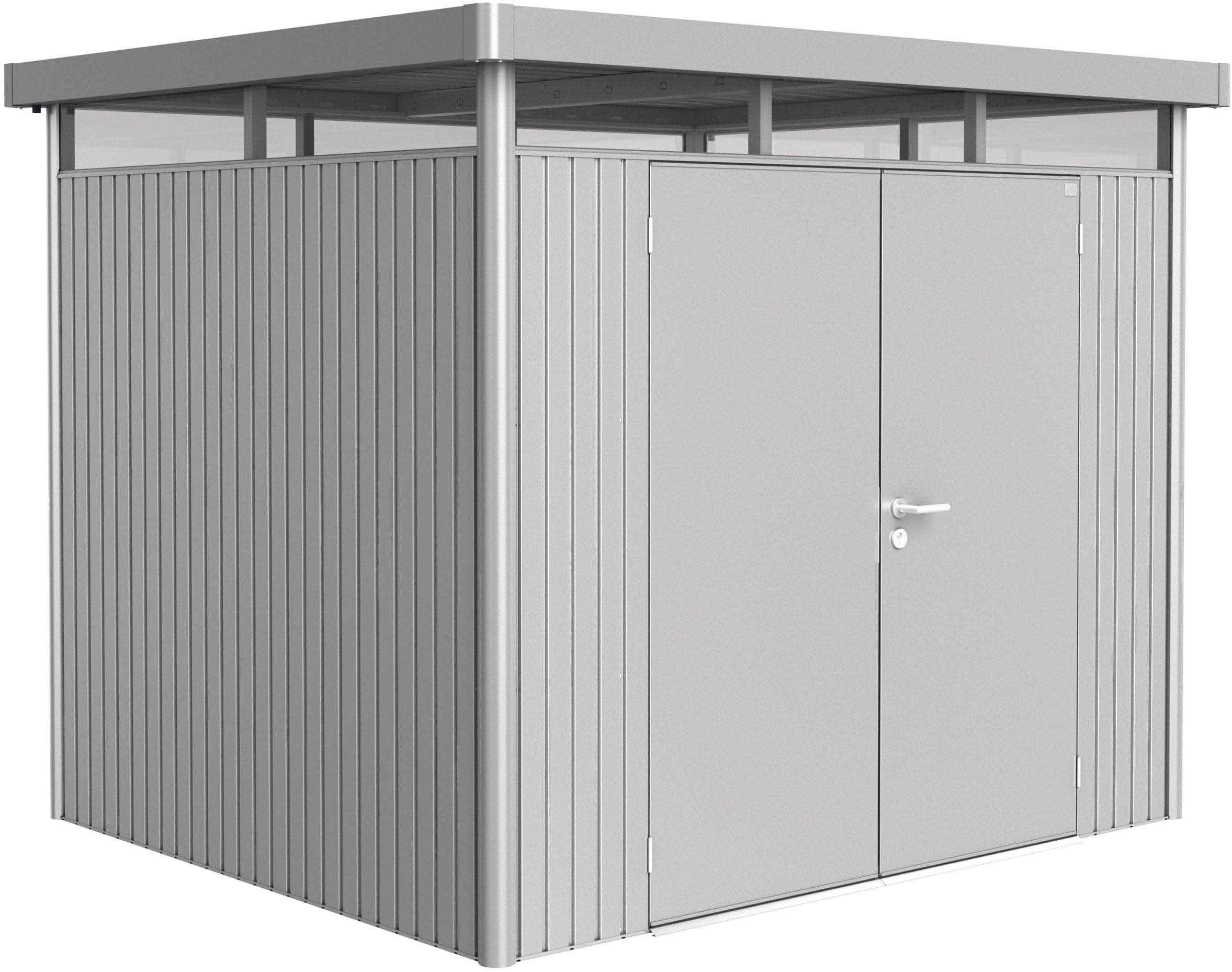 BioHort Gerätehaus HIGHLINE Gr. H3 Silber Metall-Gartenhaus Flachdach