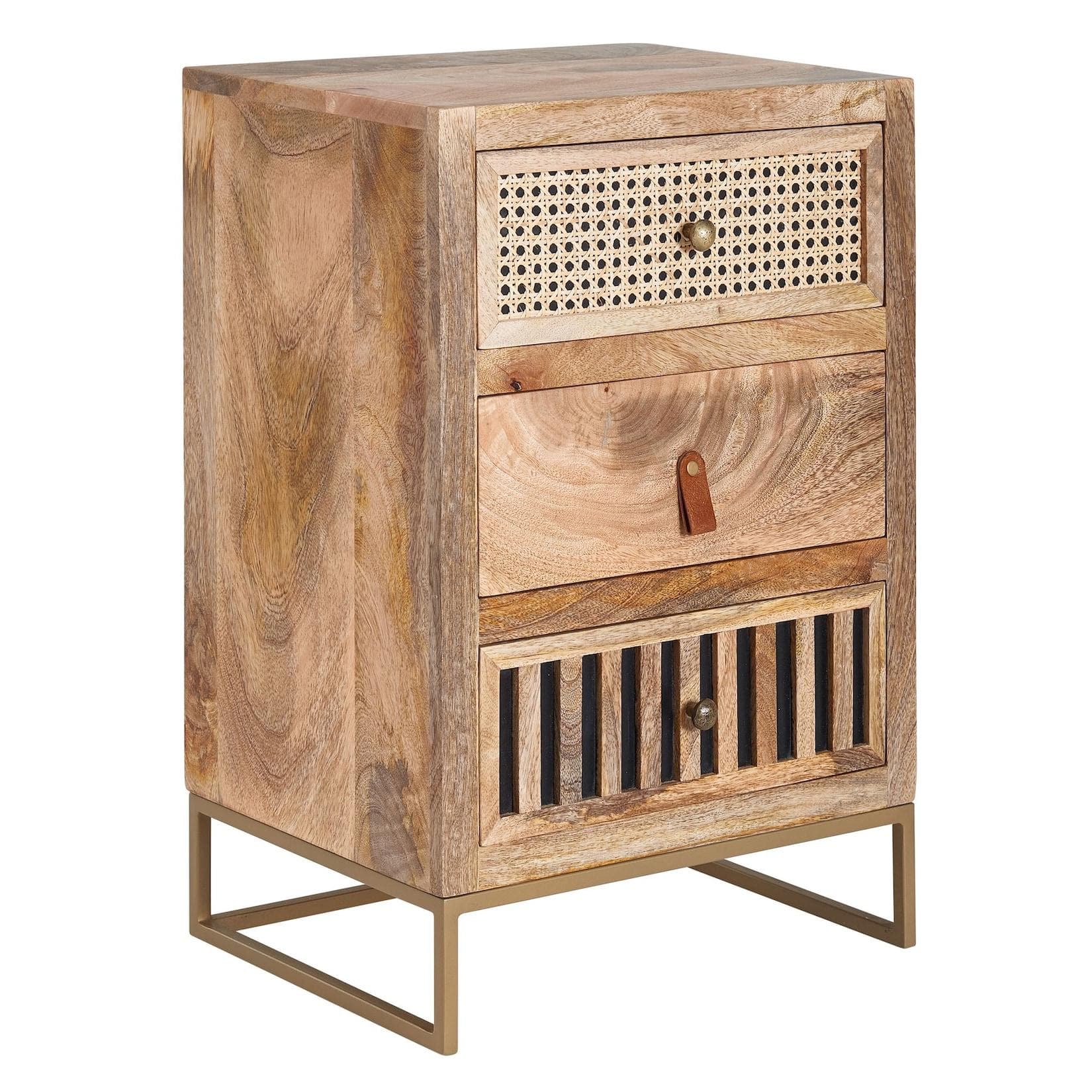 KADIMA DESIGN Industrial Nachttisch Mango Massivholz/Rattan 3 Schubladen