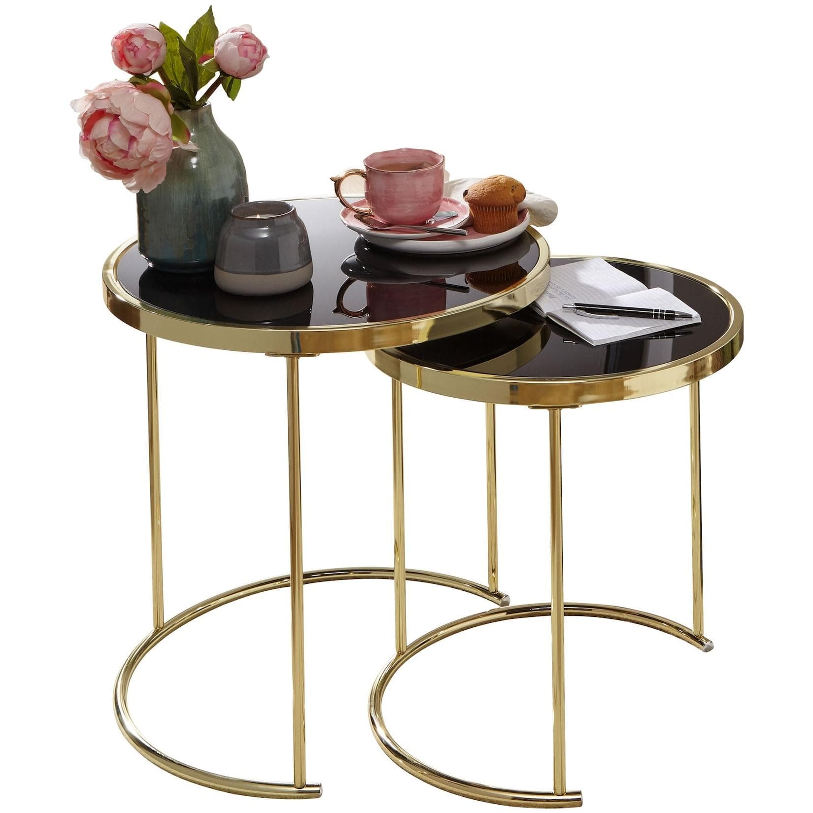 KADIMA DESIGN 2er-Set Satztische Schwarz Glas Metallgestell