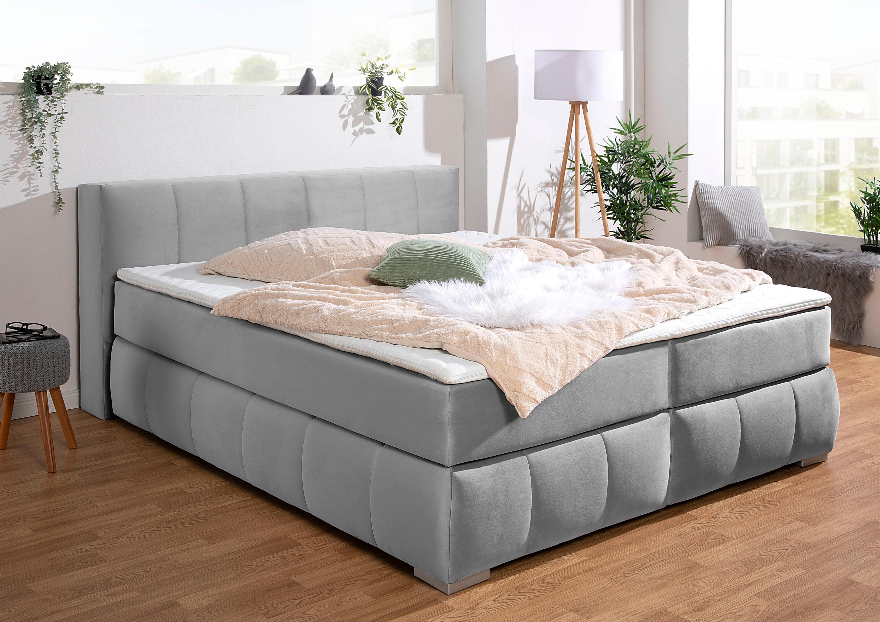 HOME AFFAIRE Boxspringbett Chelles Silber Samtoptik mit Topper