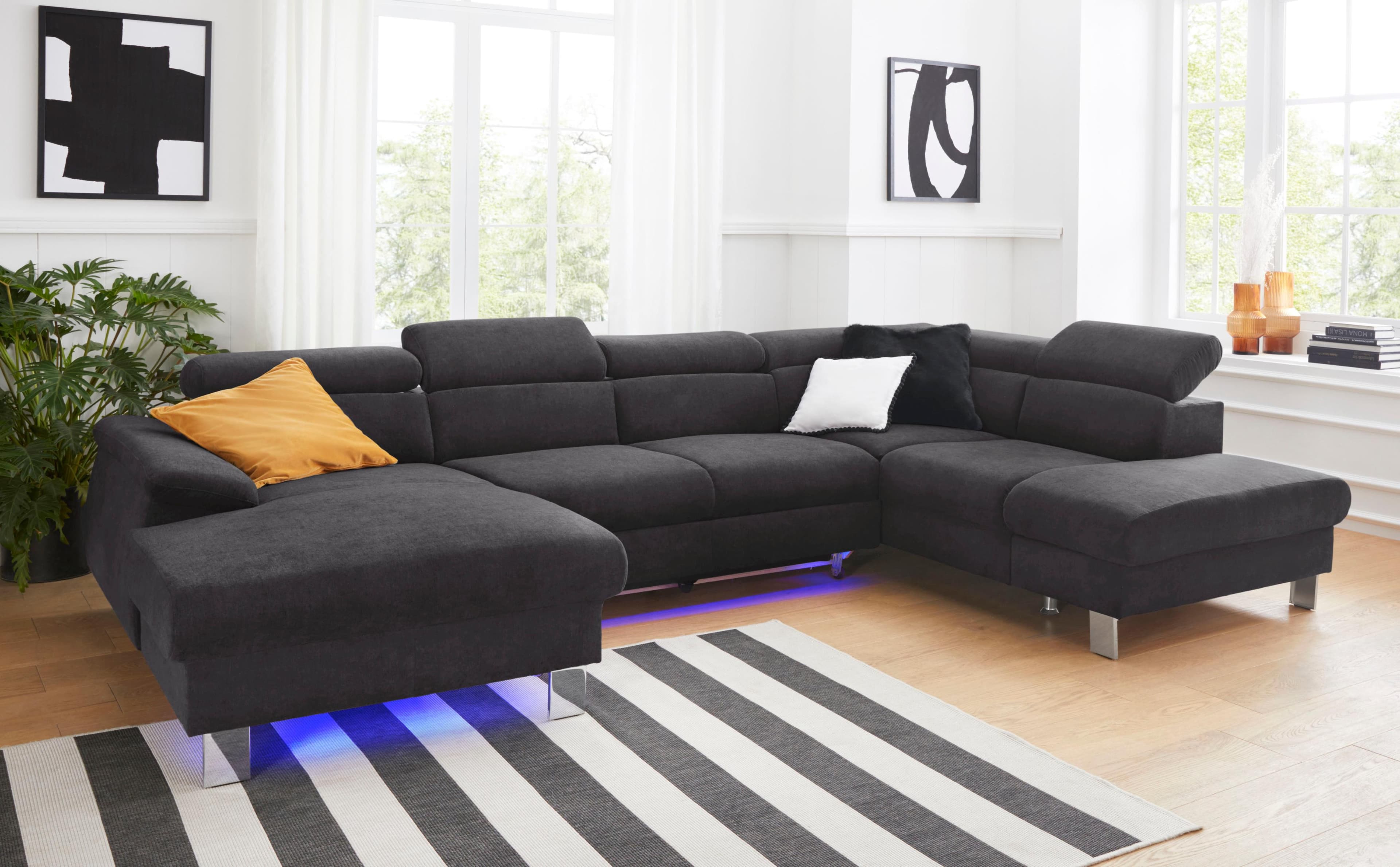 COTTA Wohnlandschaft Komaris U-Form Braun mit Bettfunktion und LED