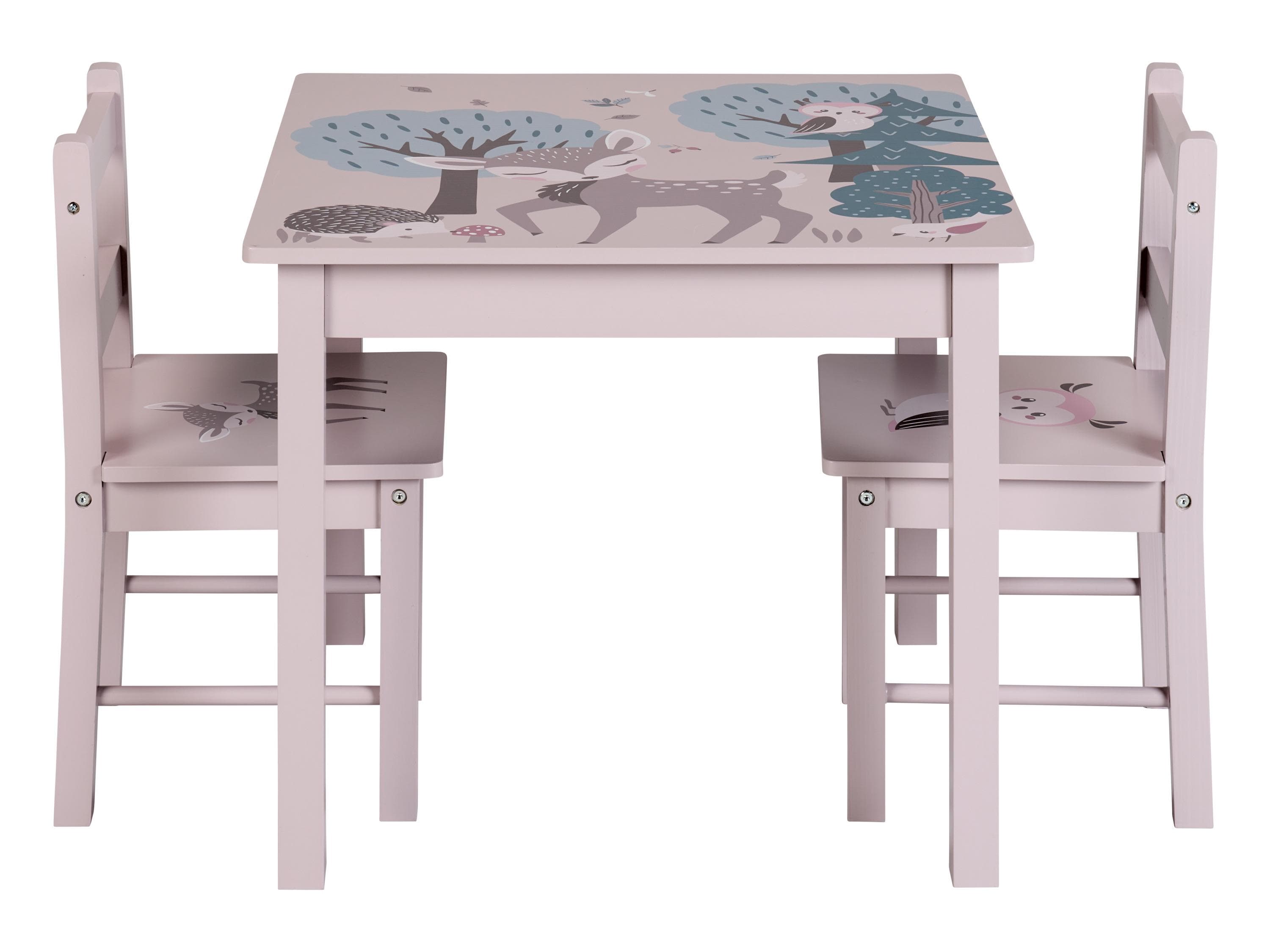 LIVARNO® Kindertisch mit 2 Stühlen Waldtier-Motive Rosa