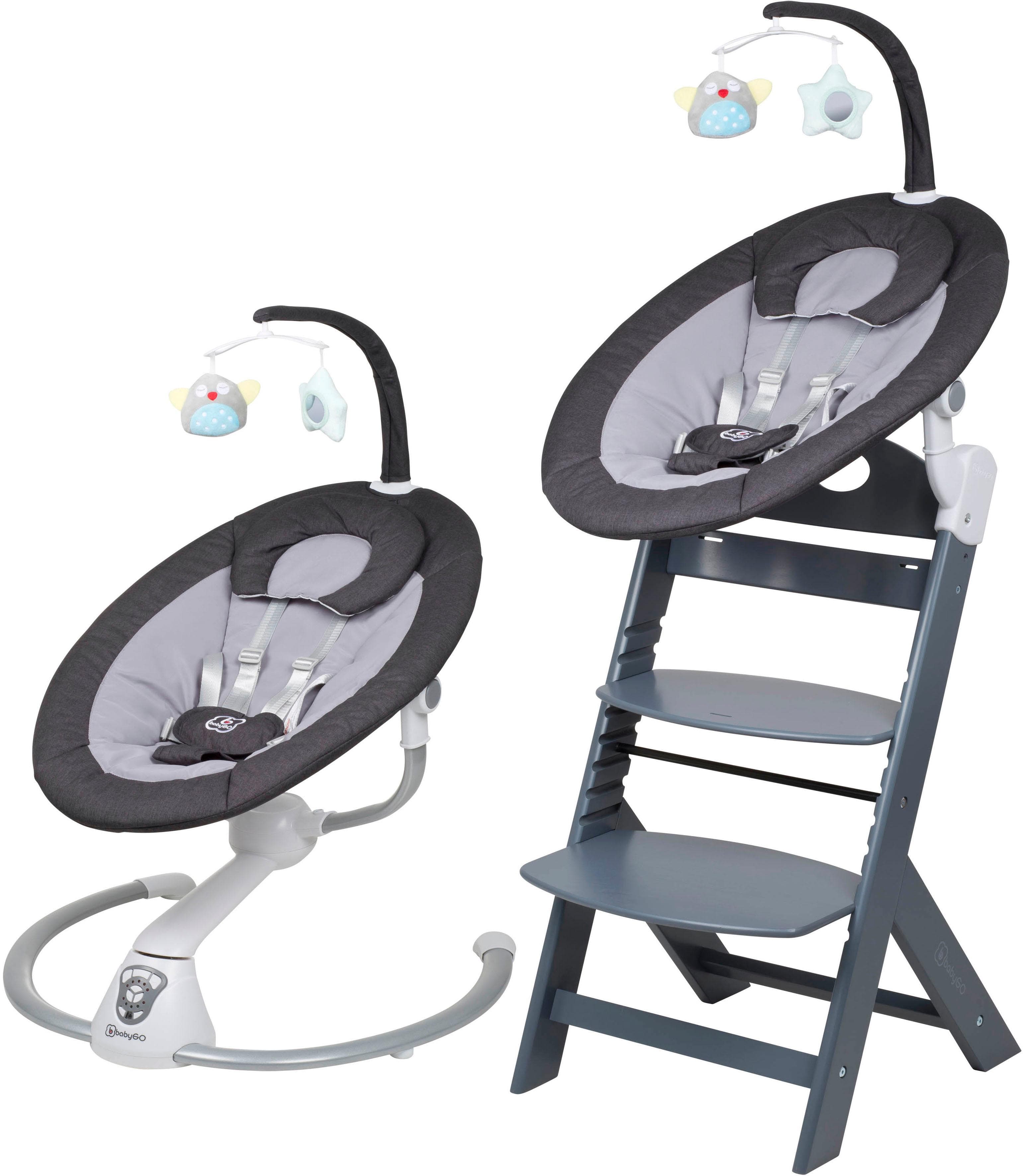 BABYGO Hochstuhl Family Homey Set grau/dunkelgrau mit elektrischer Babywippe inkl. Spielbogen