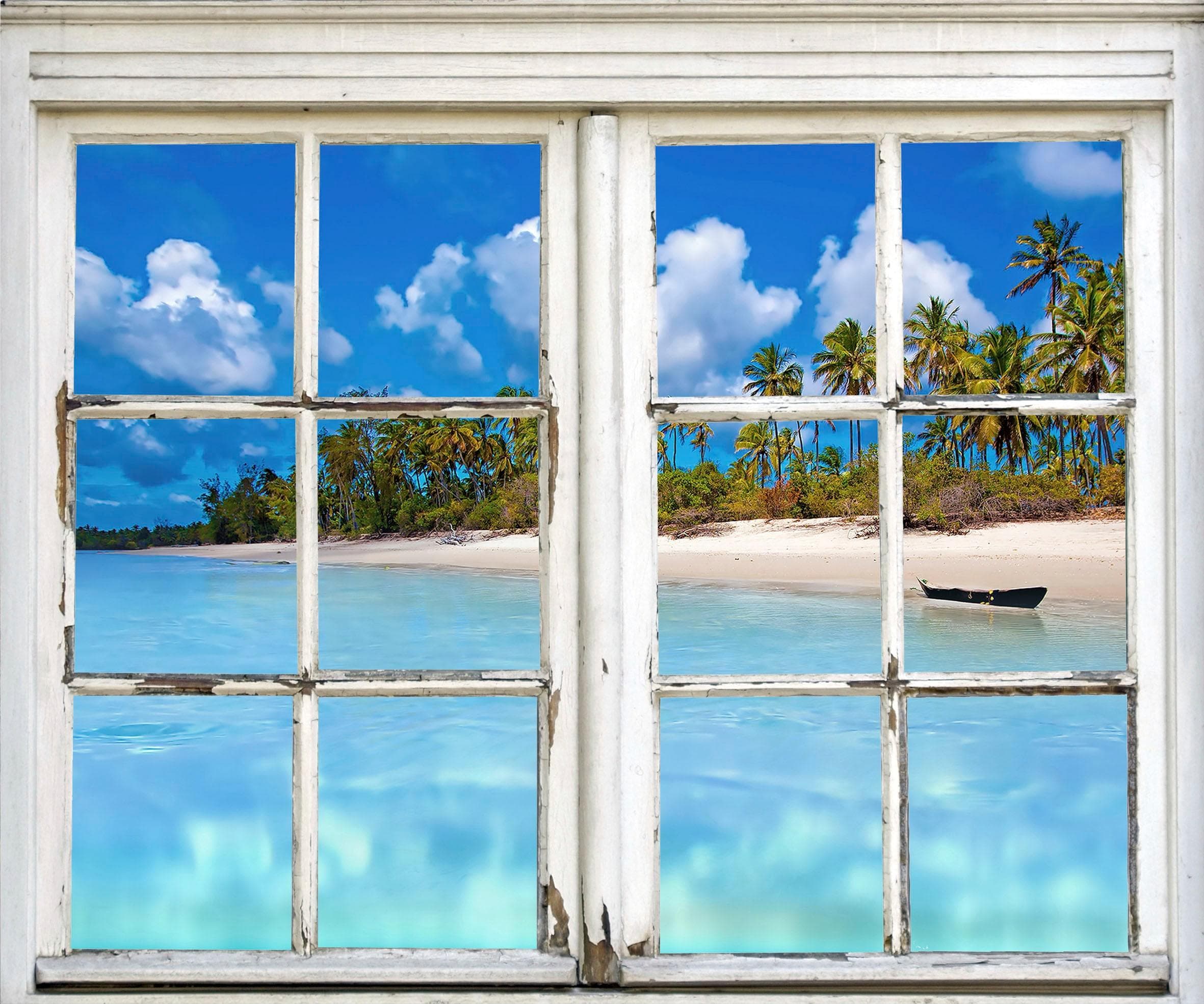 QUEENCE Wandsticker Insel Blau 3D Fensterdurchbruch Selbstklebend