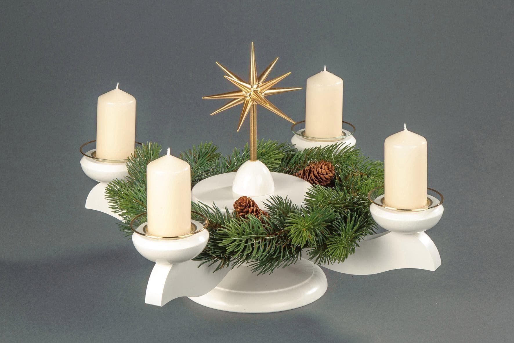 Adventsleuchter ALBIN PREISSLER mit Weihnachtsstern und Tannenkranz - Weiß/Gold