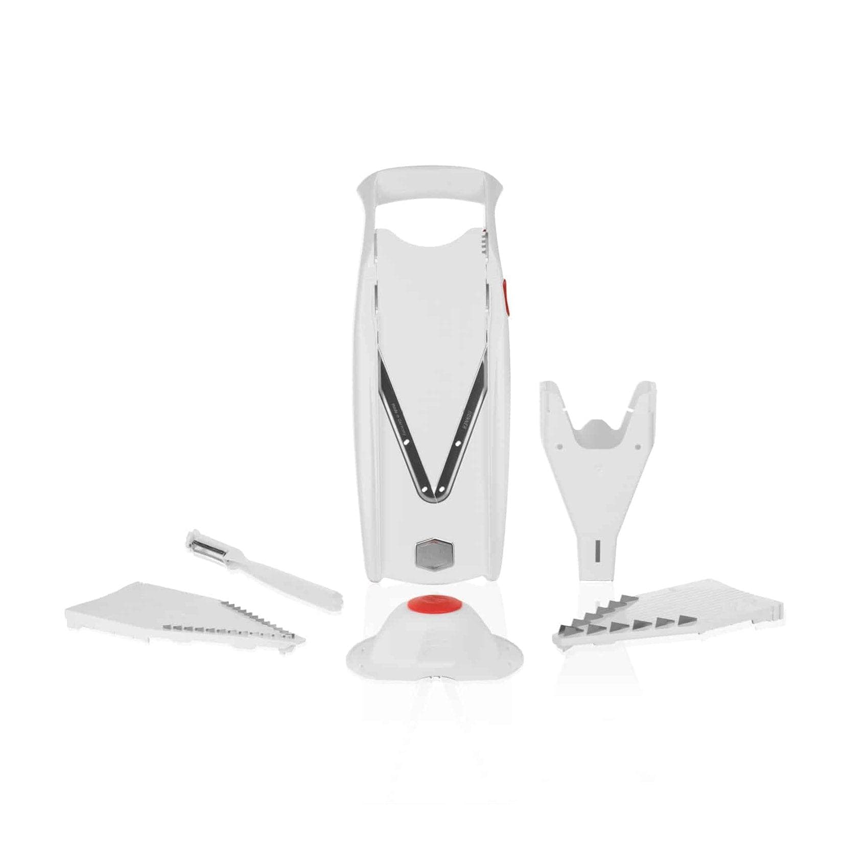 Börner V5 PowerLine Plus Set Gemüsehobel Obst- & Gemüseschneider mit Fruchthalter, Scheibeneinschub, Sparschäler, 10 Schnittarten, 6-tlg. Set, Weiß