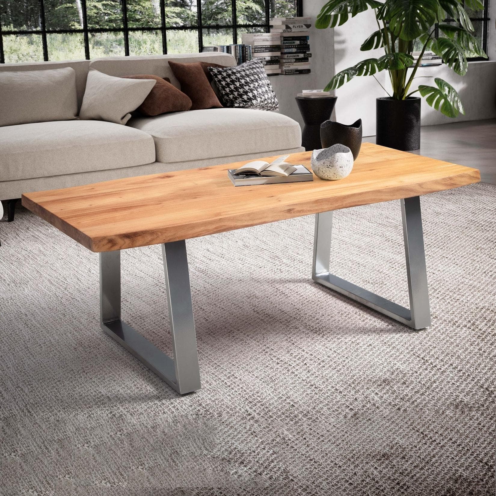 FineBuy Couchtisch 120 cm Massivholz Chrom Wohnzimmertisch Baumkante