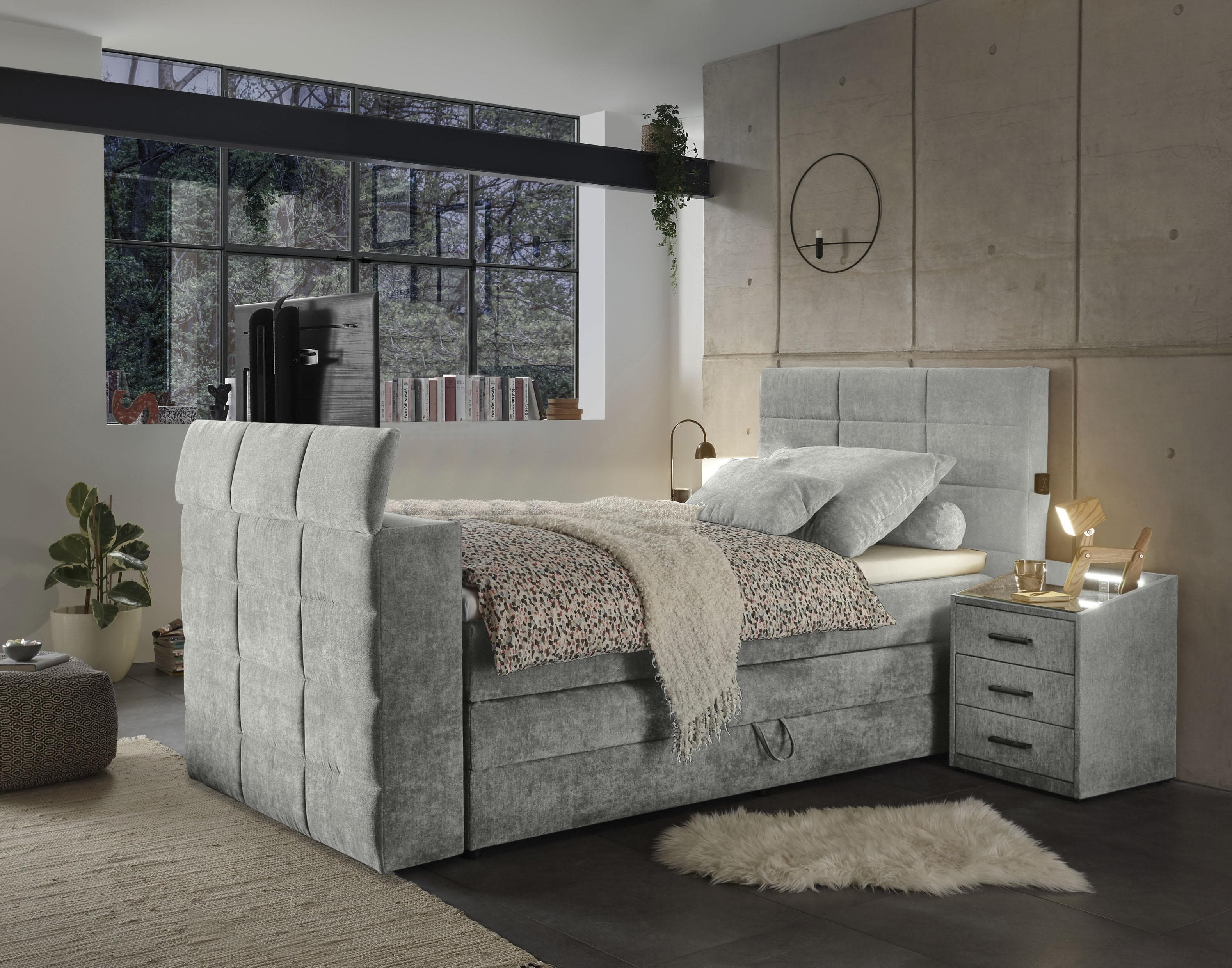 ED EXCITING DESIGN Boxspringbett Denver Grau mit TV-Halterung