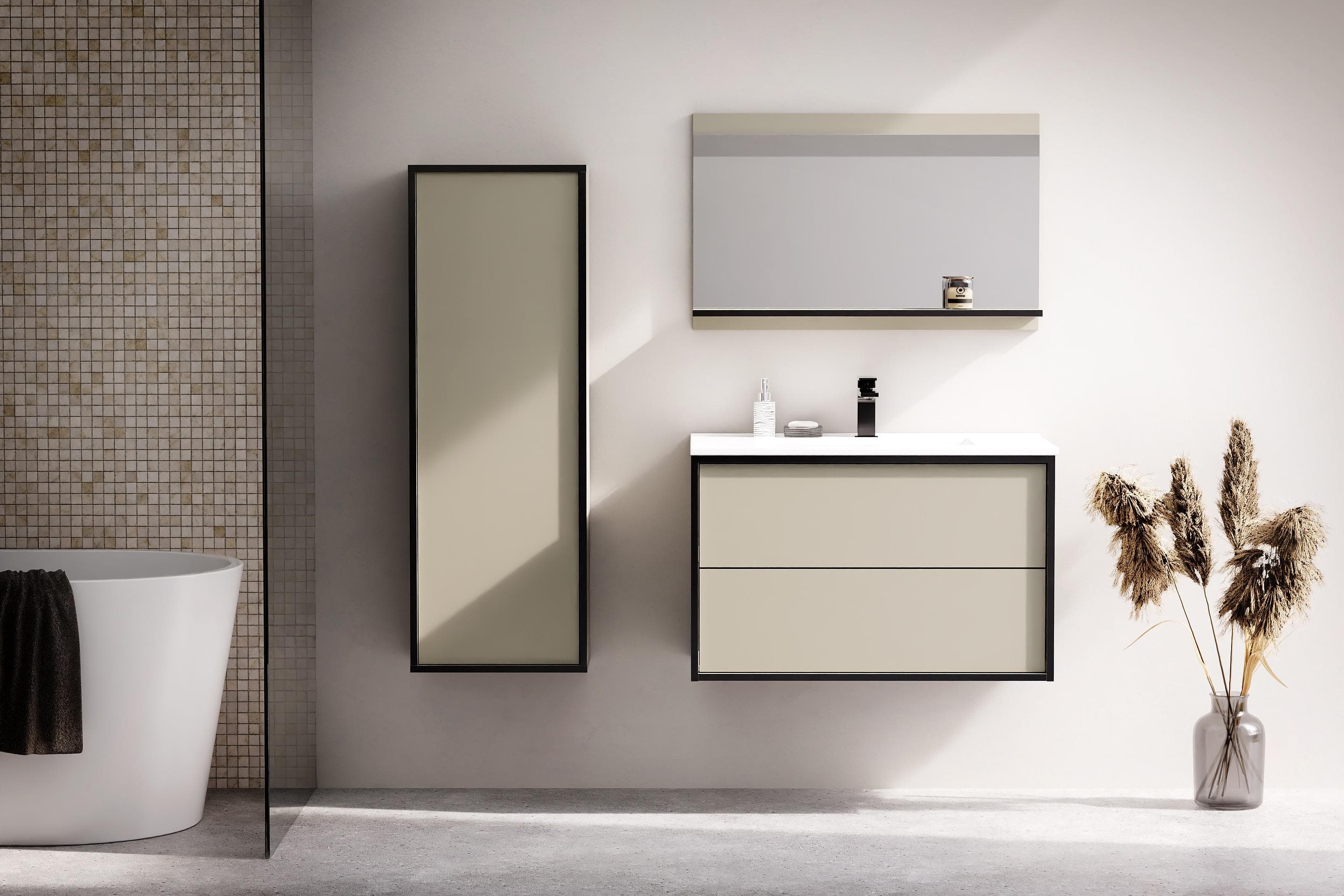 Welltime Waschtisch Line mit Waschbecken, Badmöbel, zwei Schubladen, Beige