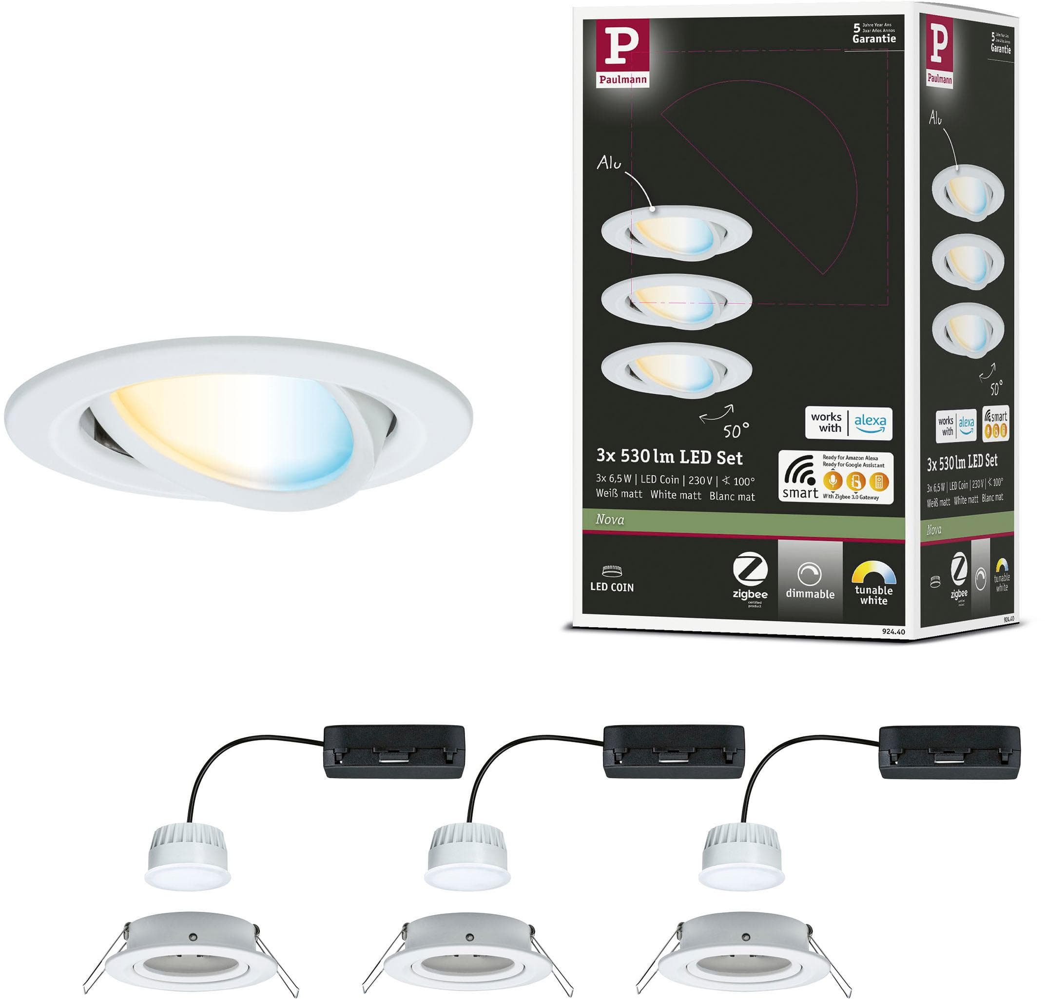 PAULMANN LED Einbauleuchte Nova Coin rund 84mm 50 weiß 3 Stk. Smart Home
