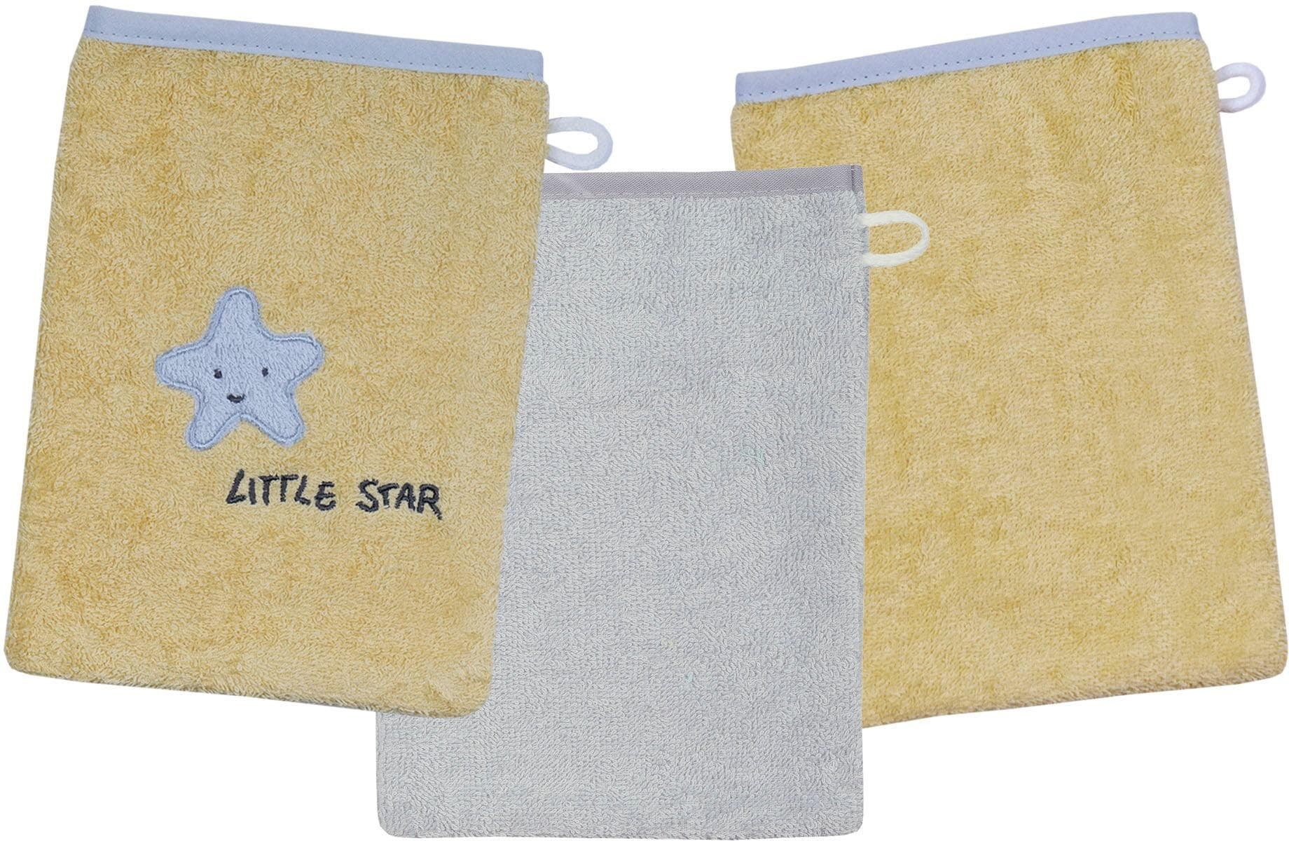 Wörner Little Star Waschhandschuh 3er Set Gelb Grau mit Sternstickerei