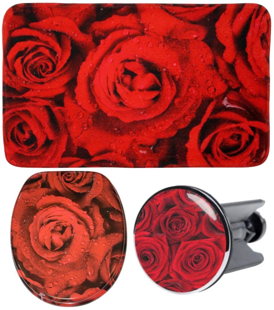 Sanilo Badaccessoire-Set Rosen Rot WC-Sitz Badteppich Stöpsel