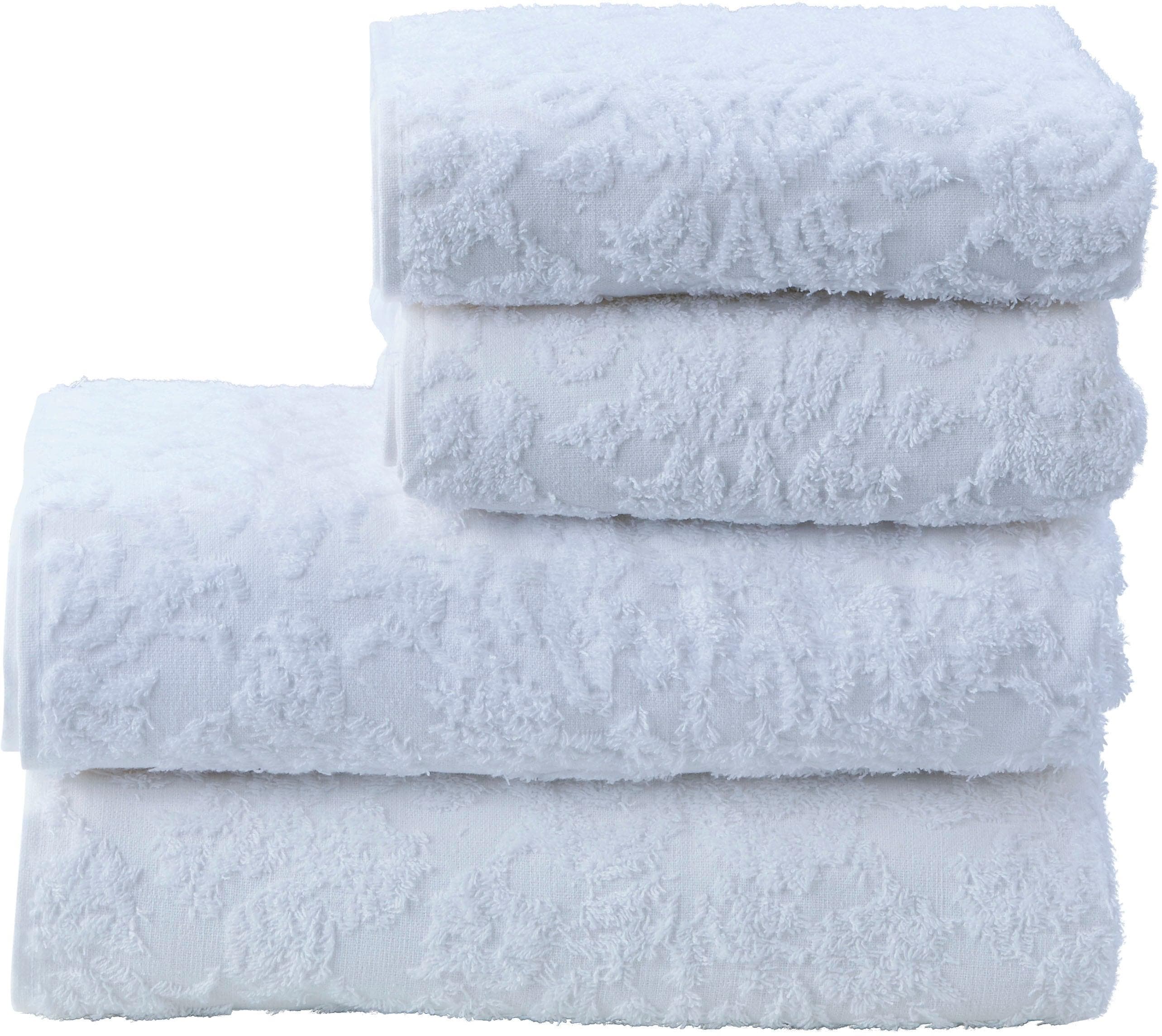 Handtuch Set aus Baumwolle und Walkfrottier, weiß, gemustert