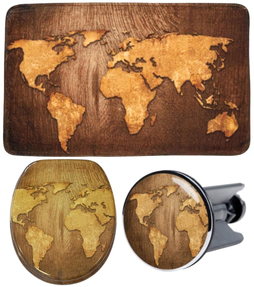 SANILO Badaccessoire-Set World Map Braun WC-Sitz Teppich Stöpsel