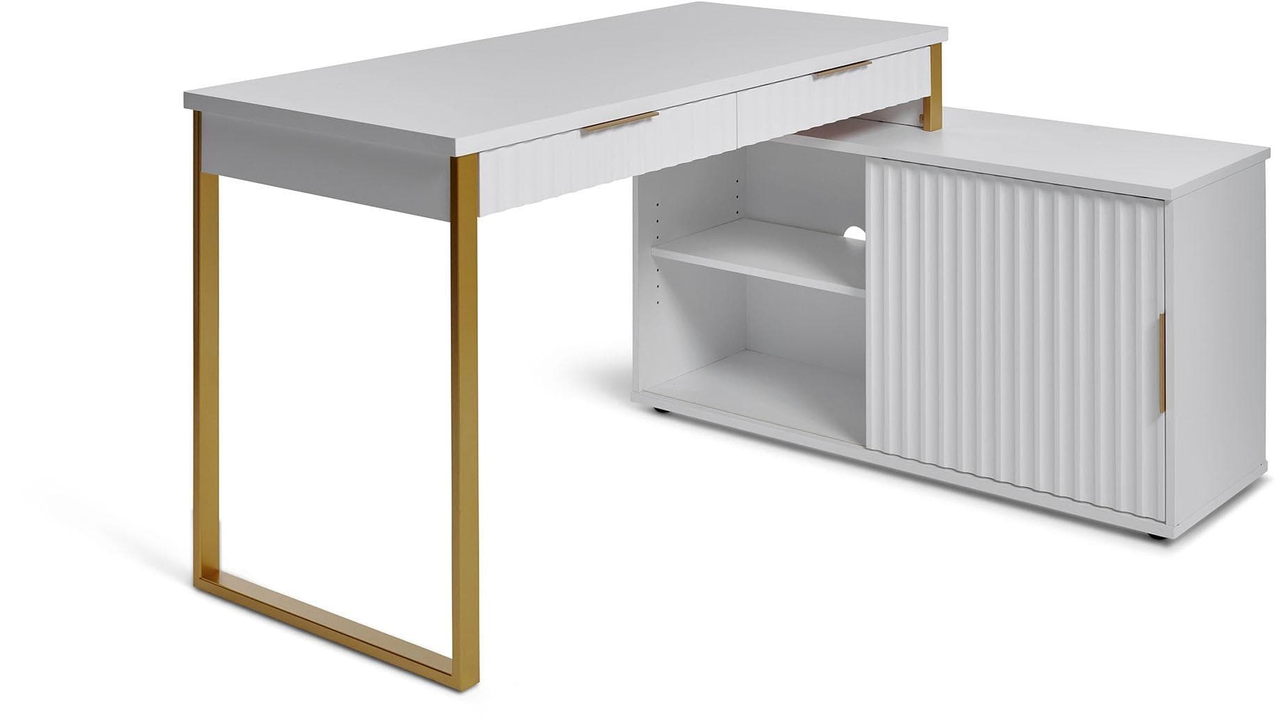 Jahnke Eckschreibtisch CARVE C 145 E Weiß/Gold mit Schiebetür