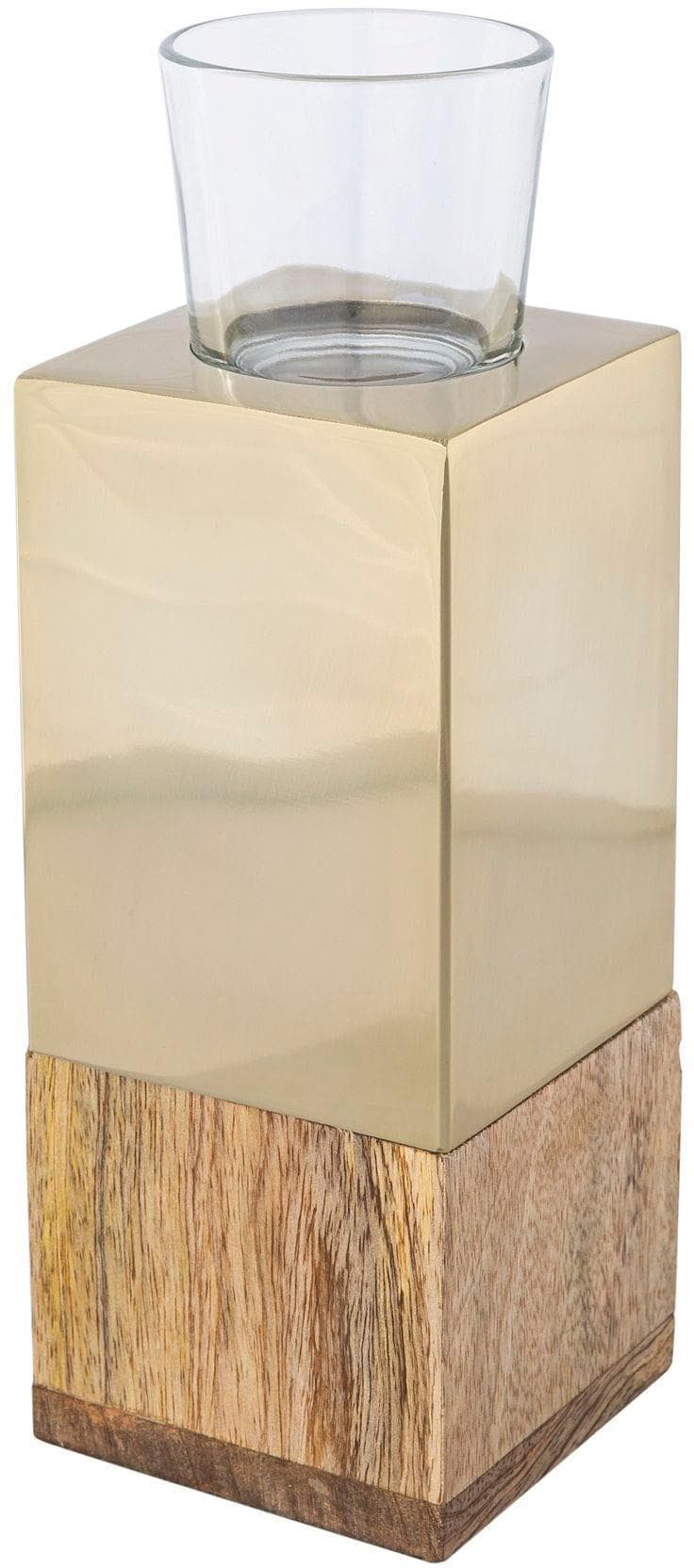 CREATIV HOME Teelichthalter Tower Beige Edelstahl Glas Massivholz