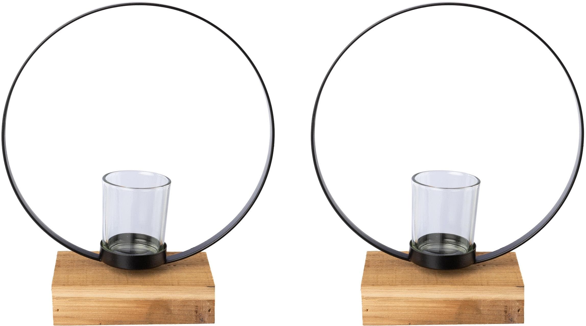 CREATIV DECO Teelichthalter Schwarz Metall auf Holzfuß 2er Set