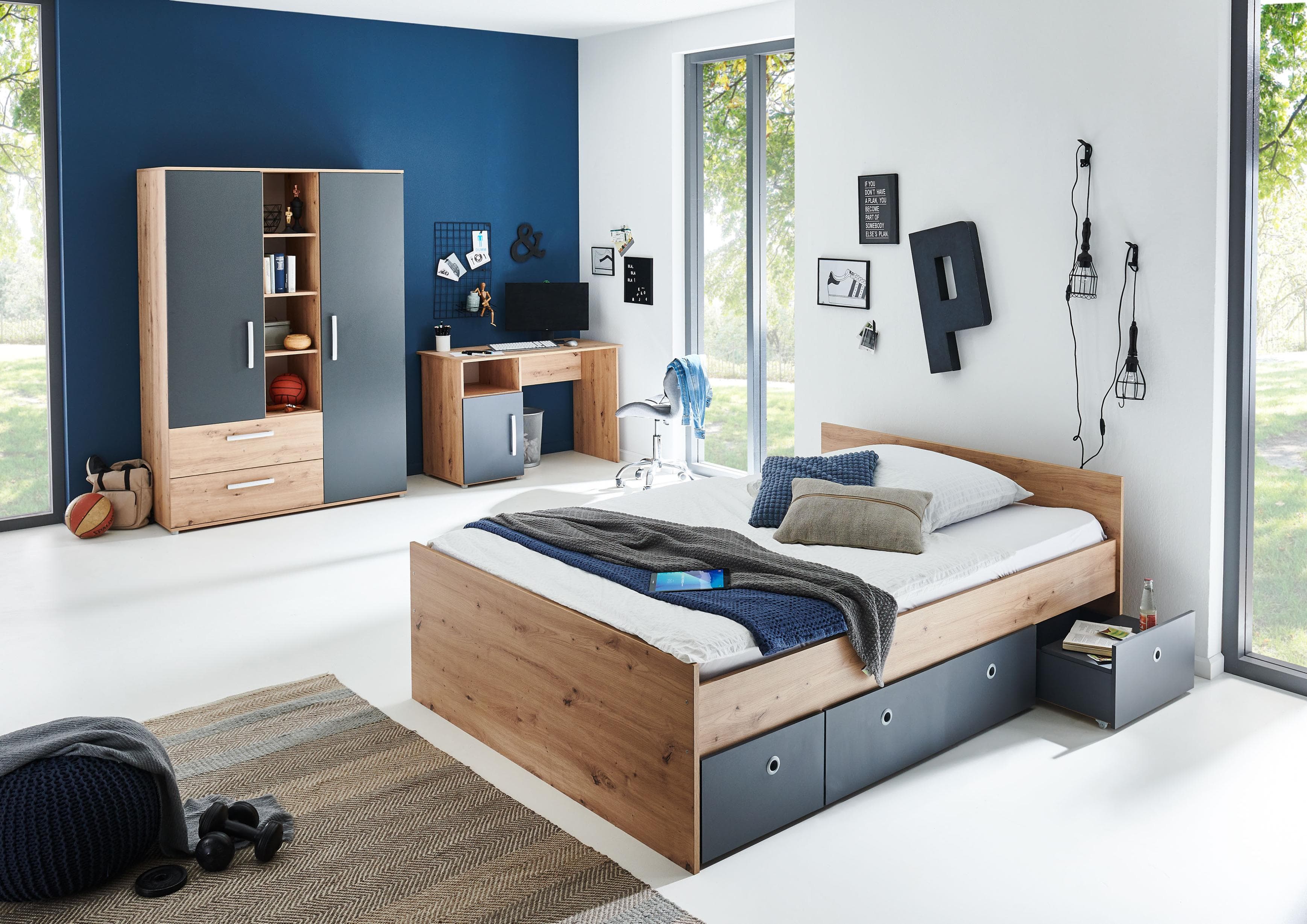 Jugendzimmer-Set Alessio - Melamin mit Kleiderschrank & Regalelement