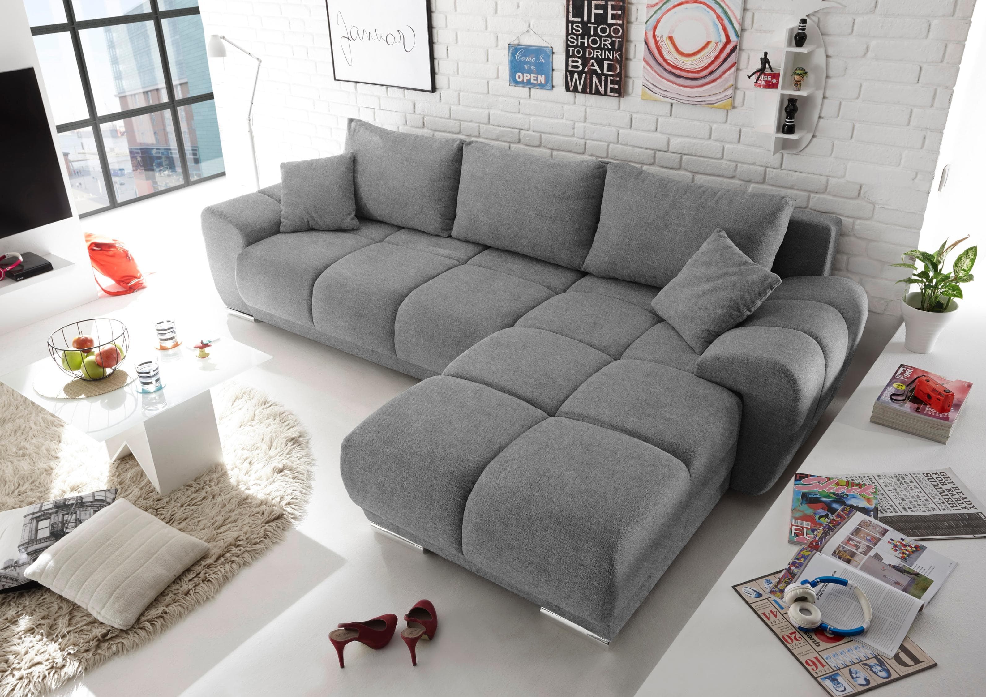 ED EXCITING DESIGN Ecksofa Anton L-Form mit Bettfunktion und Bettkasten