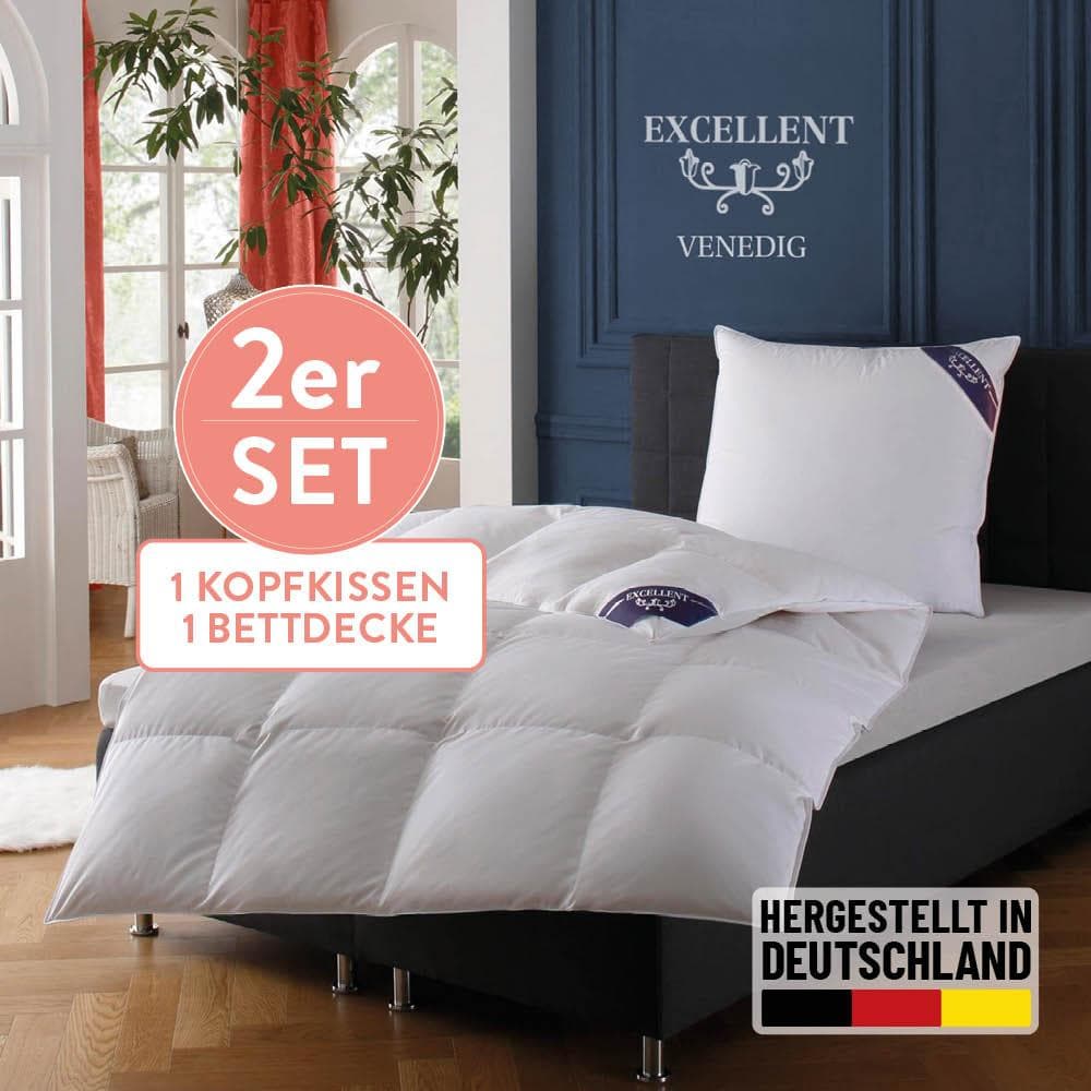 EXCELLENT Daunenbettdecke + Kopfkissen Set Weiß Extrawarm