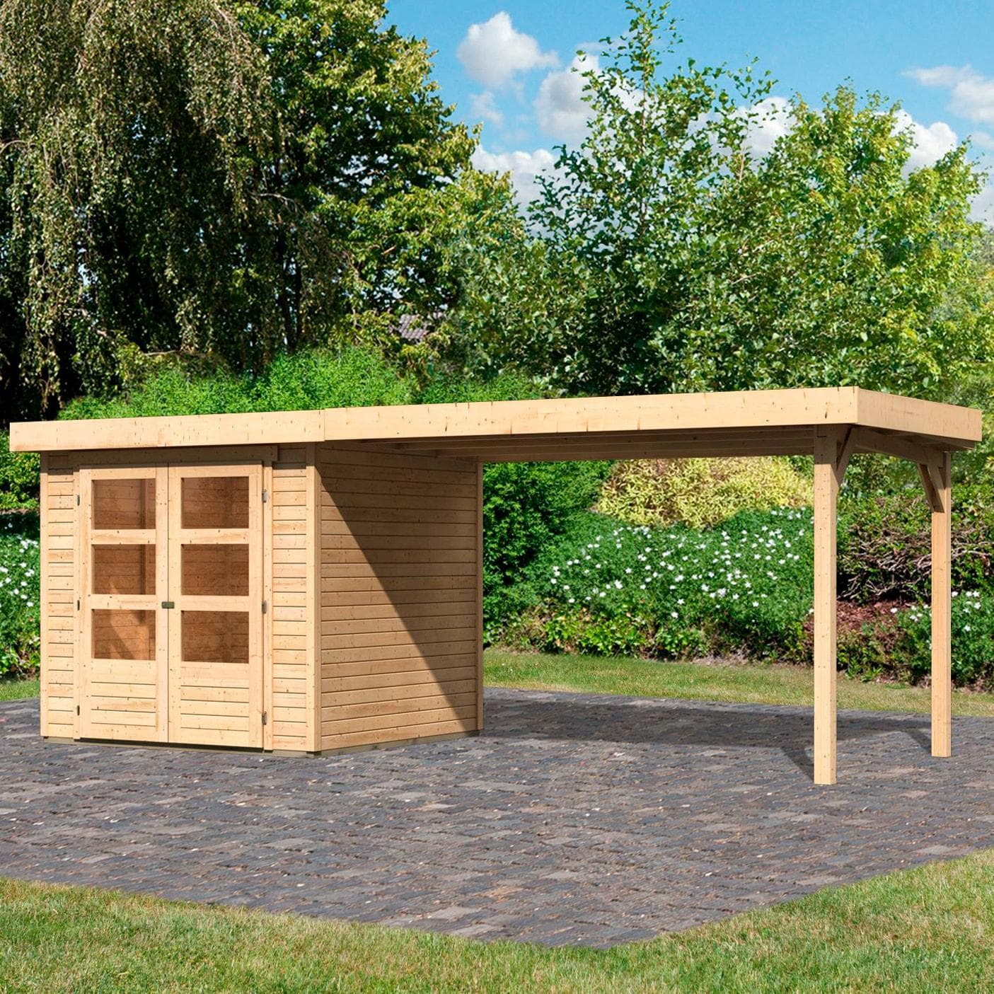 Gartenhaus KARIBU Arnis Naturbelassen Flachdach mit Anbaudach