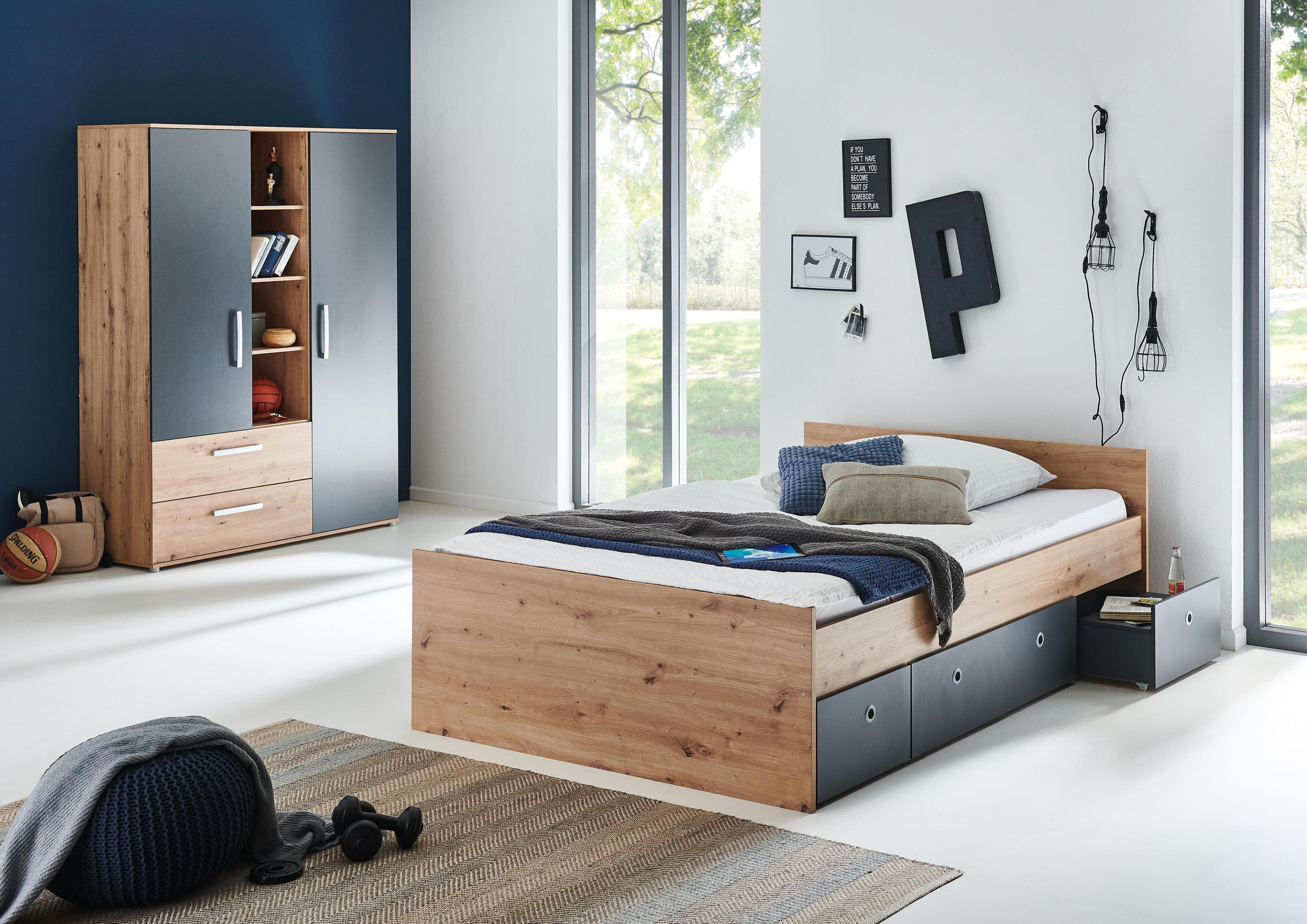 Jugendzimmer-Set 3-teilig mit Bett und Kleiderschrank - Melamin Oberfläche