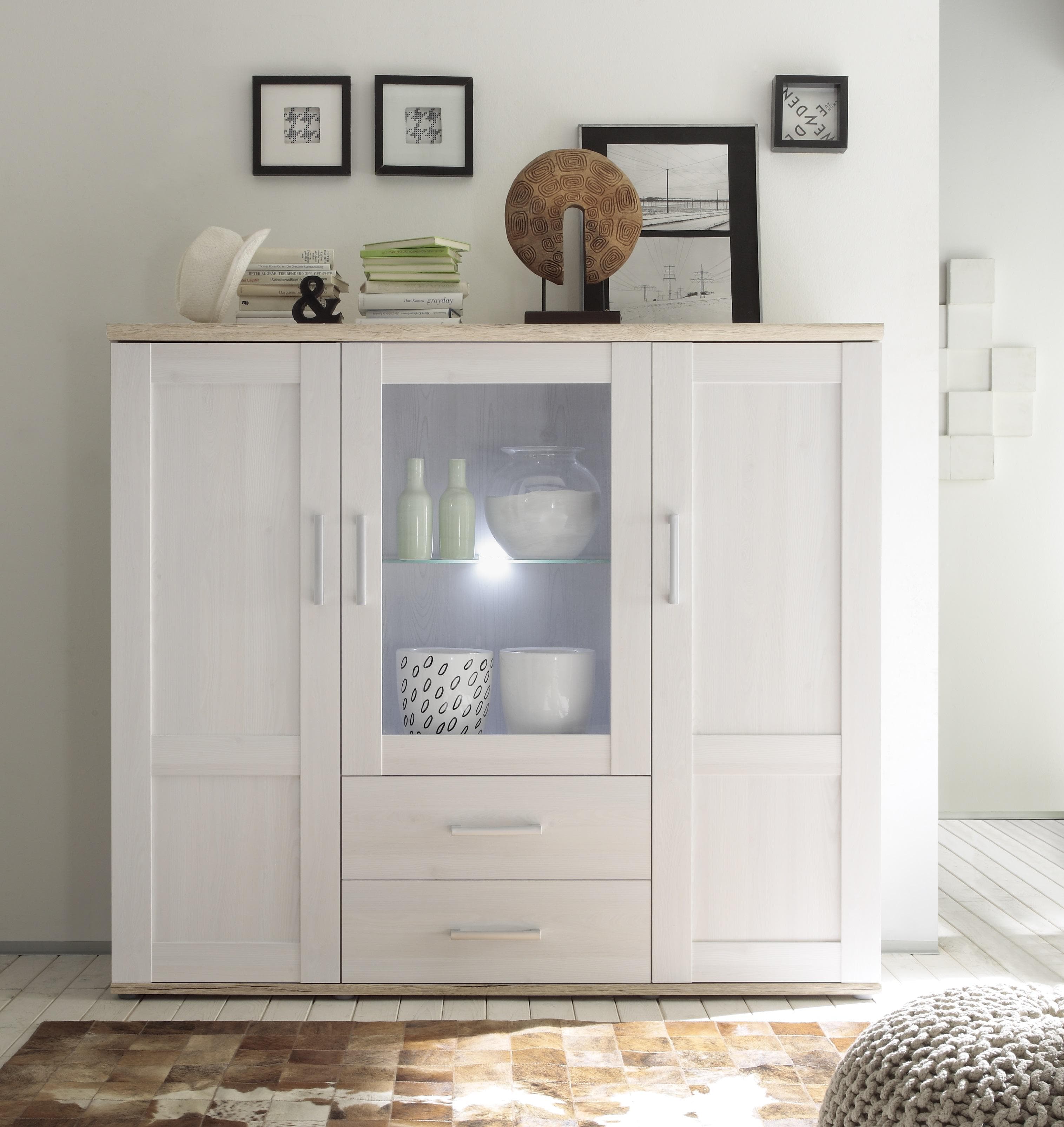 HBZ-MEBLE Highboard Romance Landhausstil mit LED-Beleuchtung Weiß