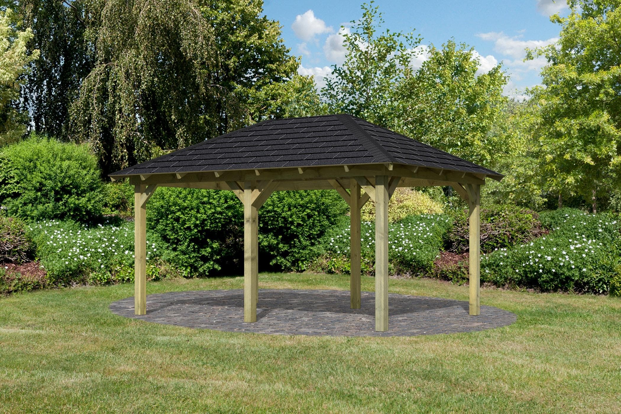 Pavillon KARIBU Perida Beige 6 Pfosten Kiefernholz