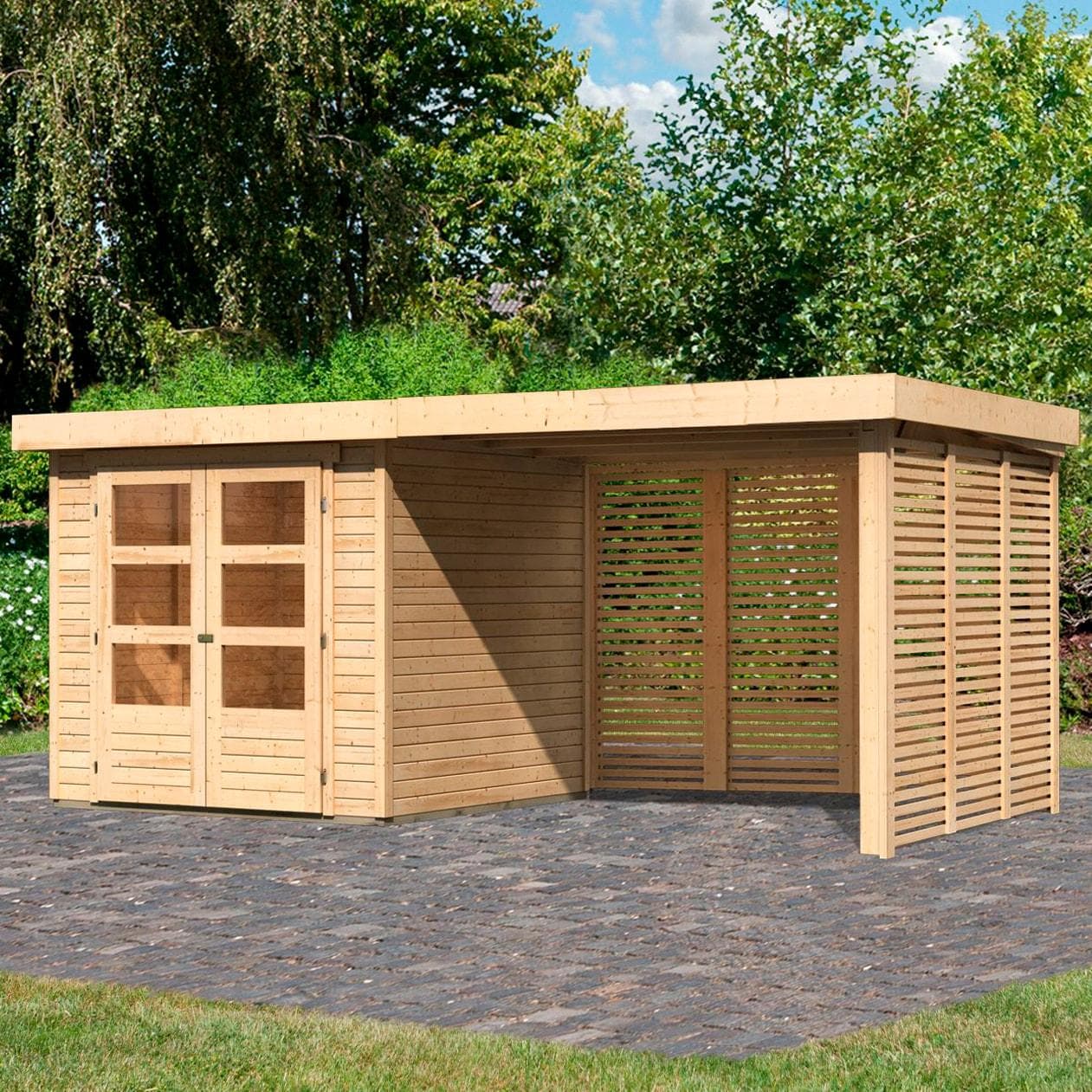 Gartenhaus KARIBU Arnis 2 Beige Holzwerkstoff Flachdach
