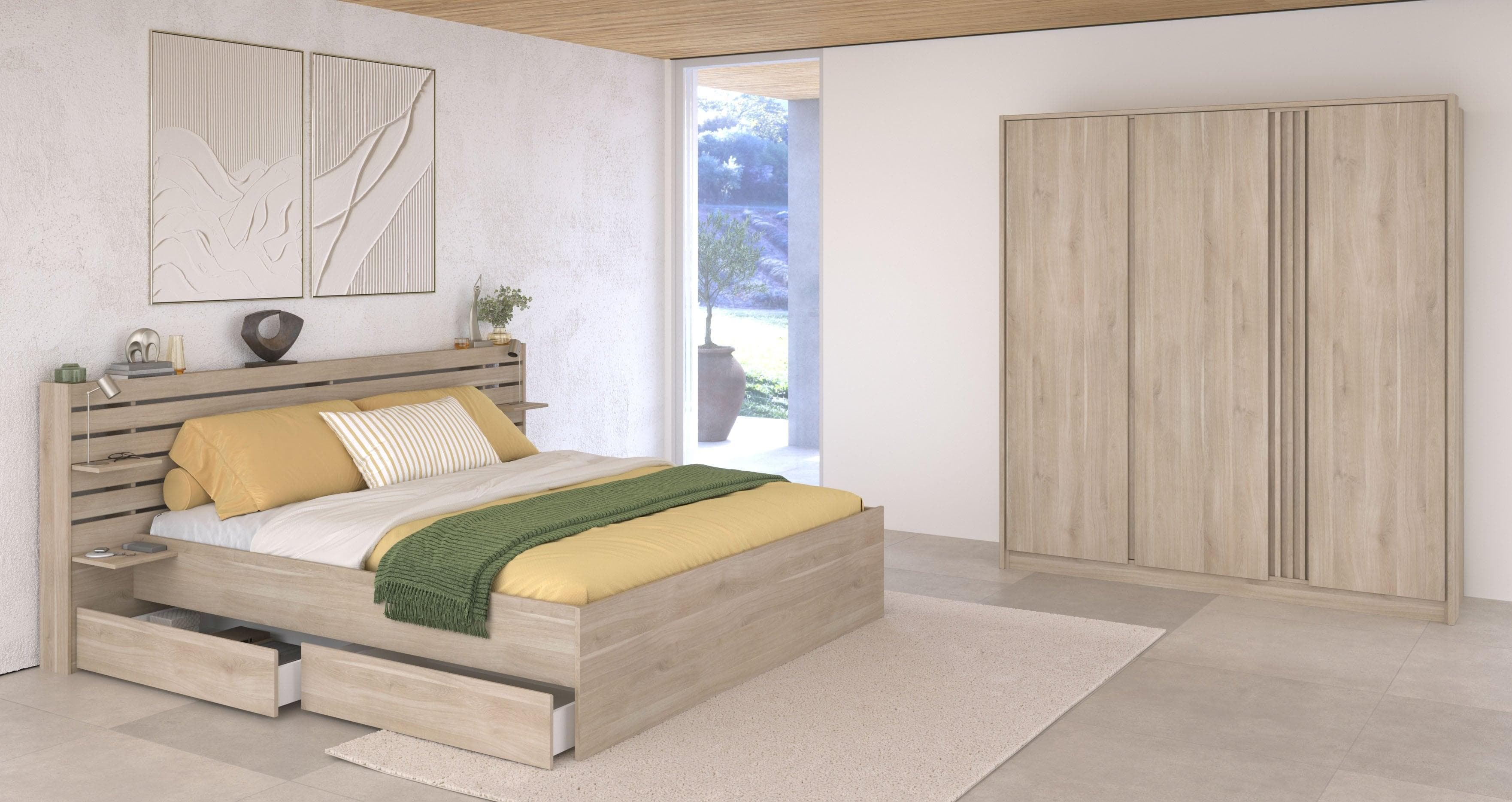 Parisot Schlafzimmer-Set Escale Braun Eiche Stauraumbett Kleiderschrank