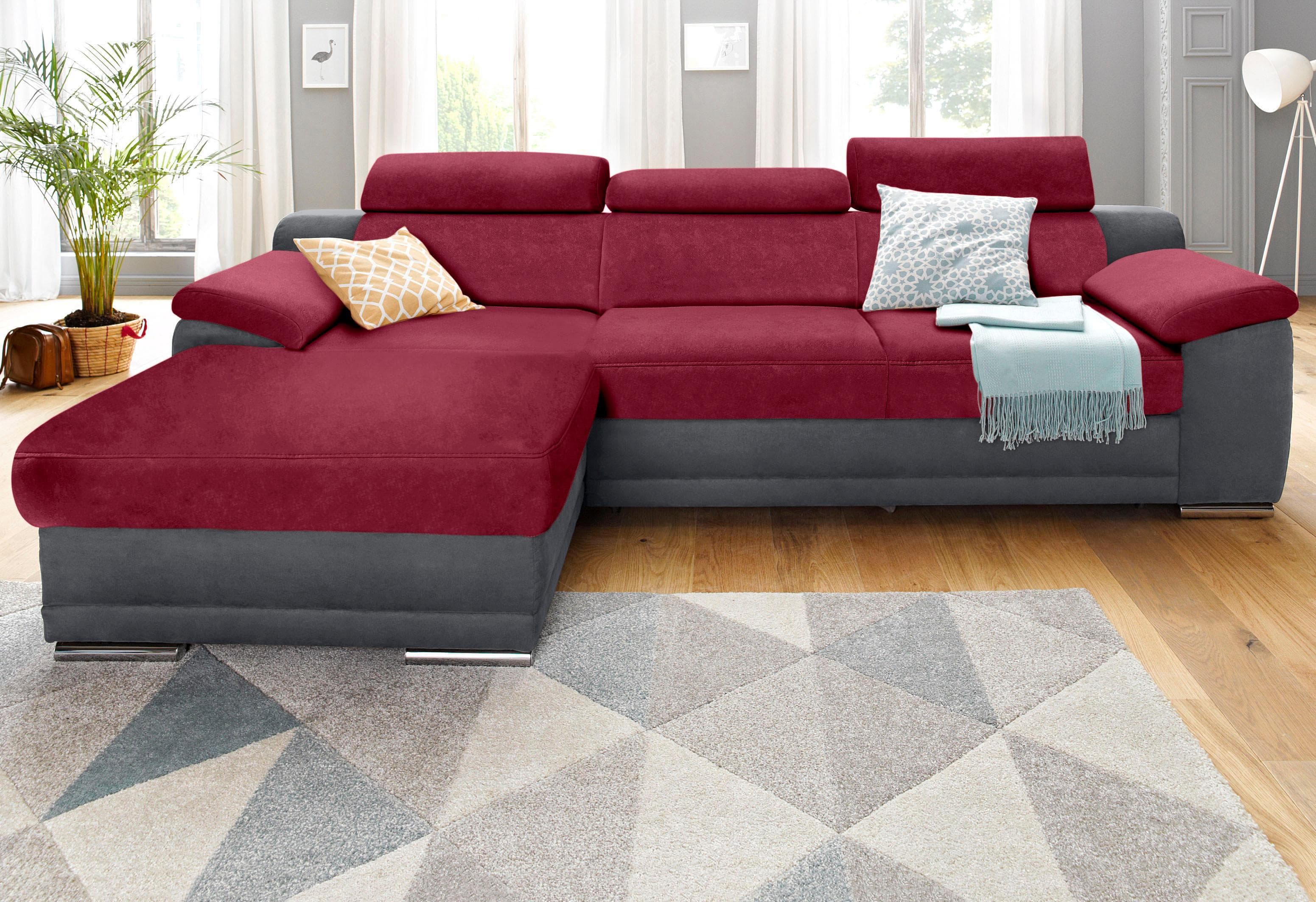 Sit & More Ecksofa Xenia L-Form mit Bettfunktion Grau/Bordeaux