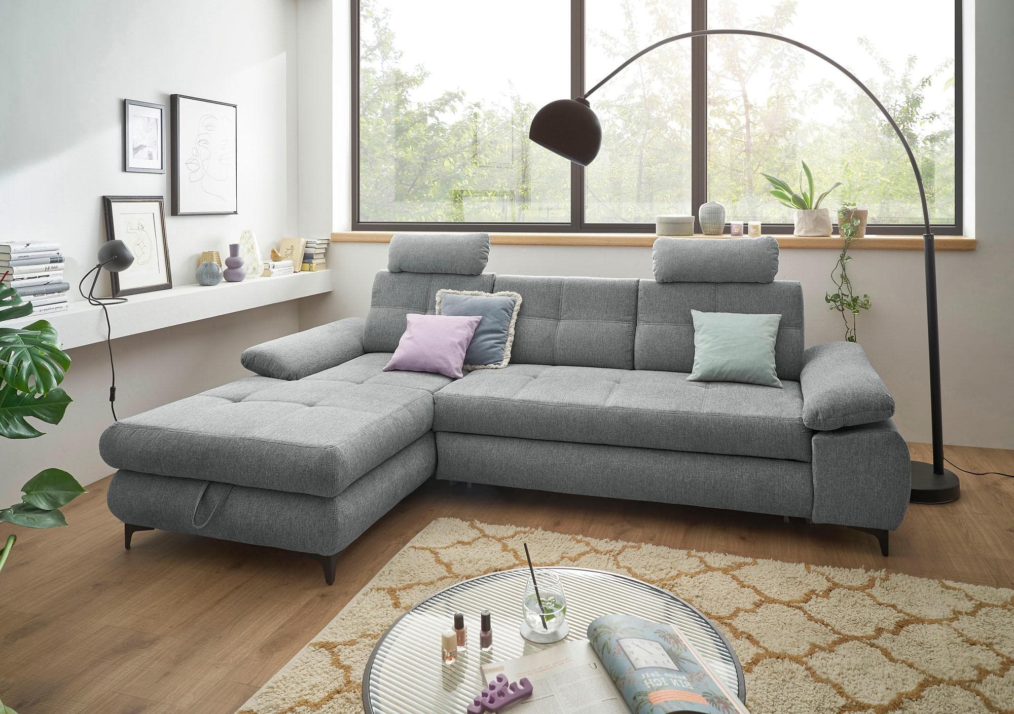 Ecksofa Altona L-Form Grau mit Bettfunktion und Bettkasten