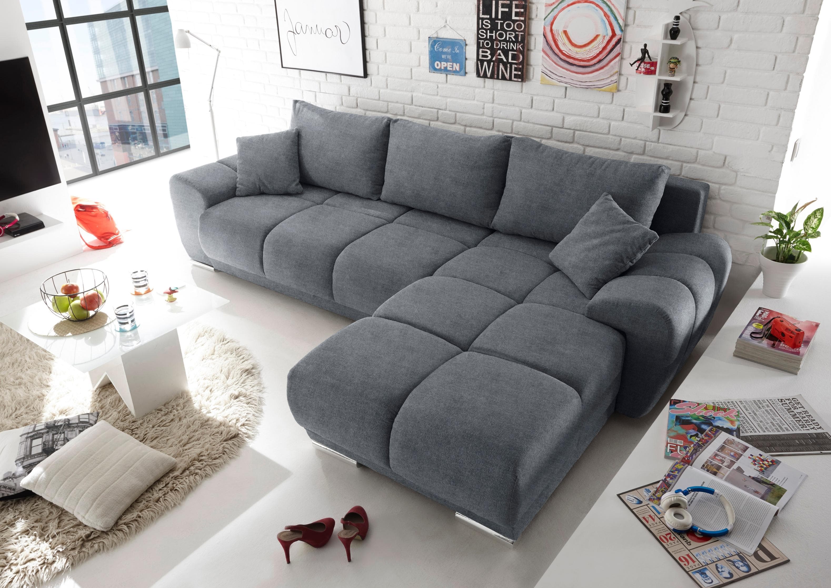 ED EXCITING DESIGN Ecksofa Anton L-Form Anthrazit mit Schlaffunktion