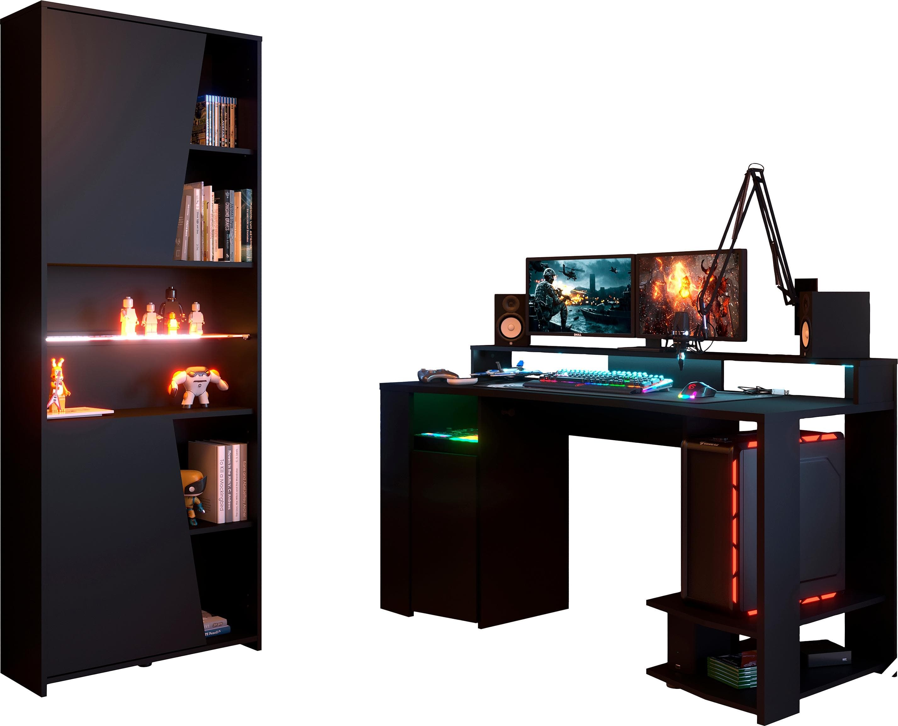 Parisot Gamingtisch Set Schwarz mit LED-Beleuchtung und Regal
