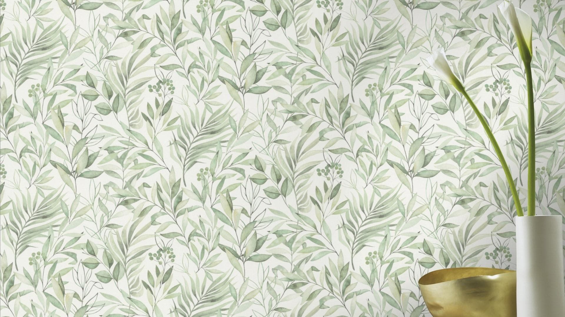 RASCH Papiertapete Blattmotiv Grün Weiß Botanisch