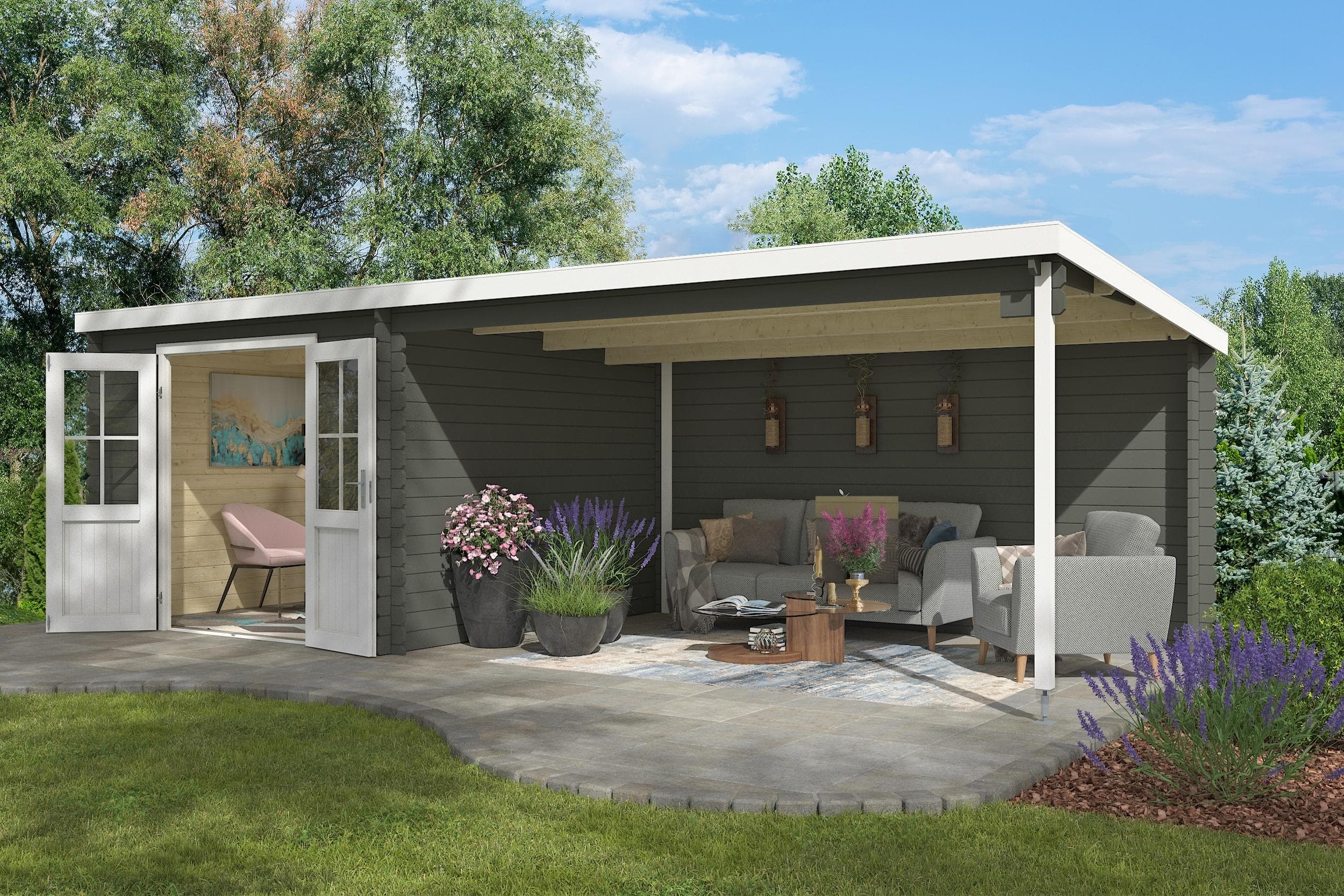 Gartenhaus St. Louis Grüngrau Massivholz Blockbohlensystem