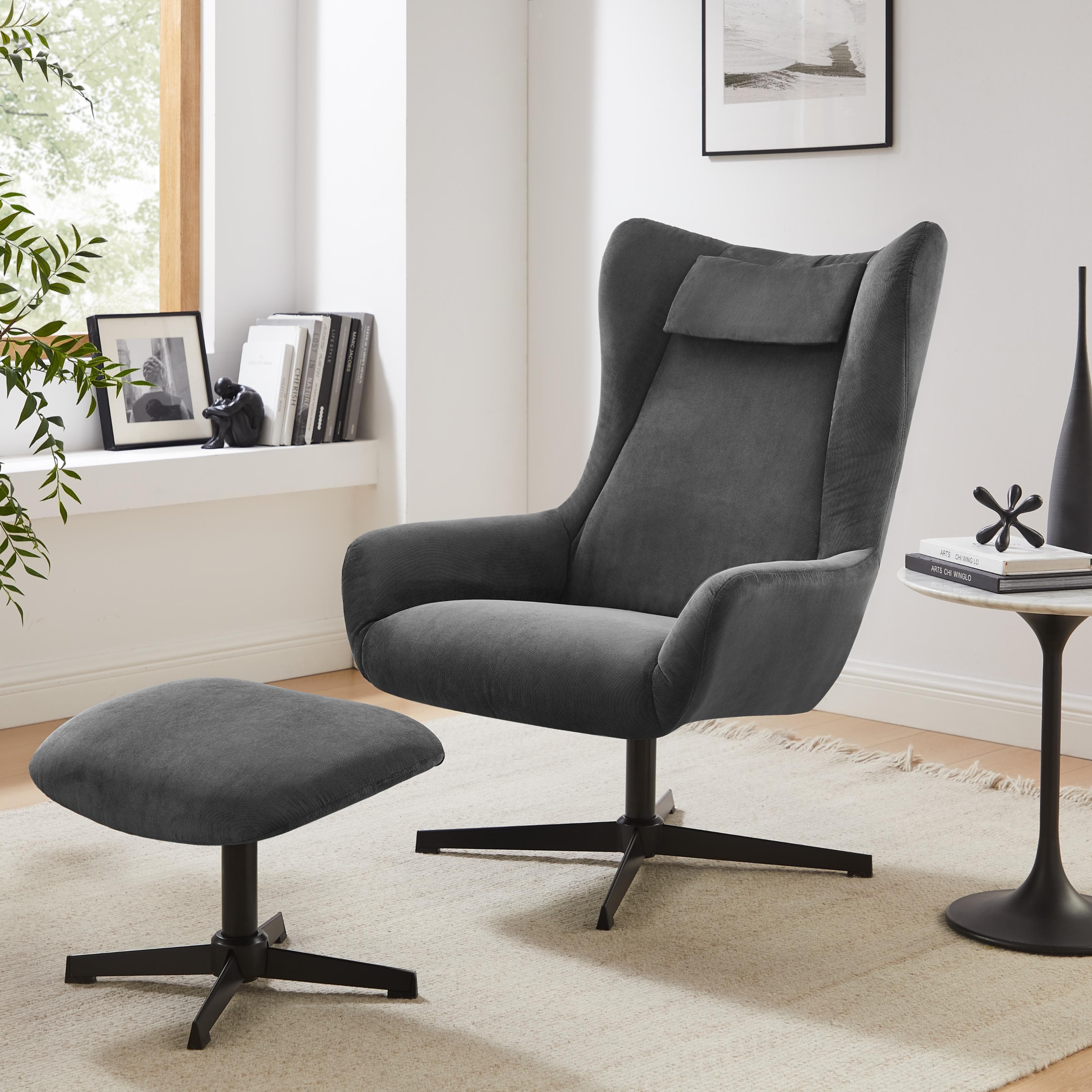 SalesFever Sessel Savannah Set 2-tlg. Grau/Schwarz mit Drehfunktion & Hocker