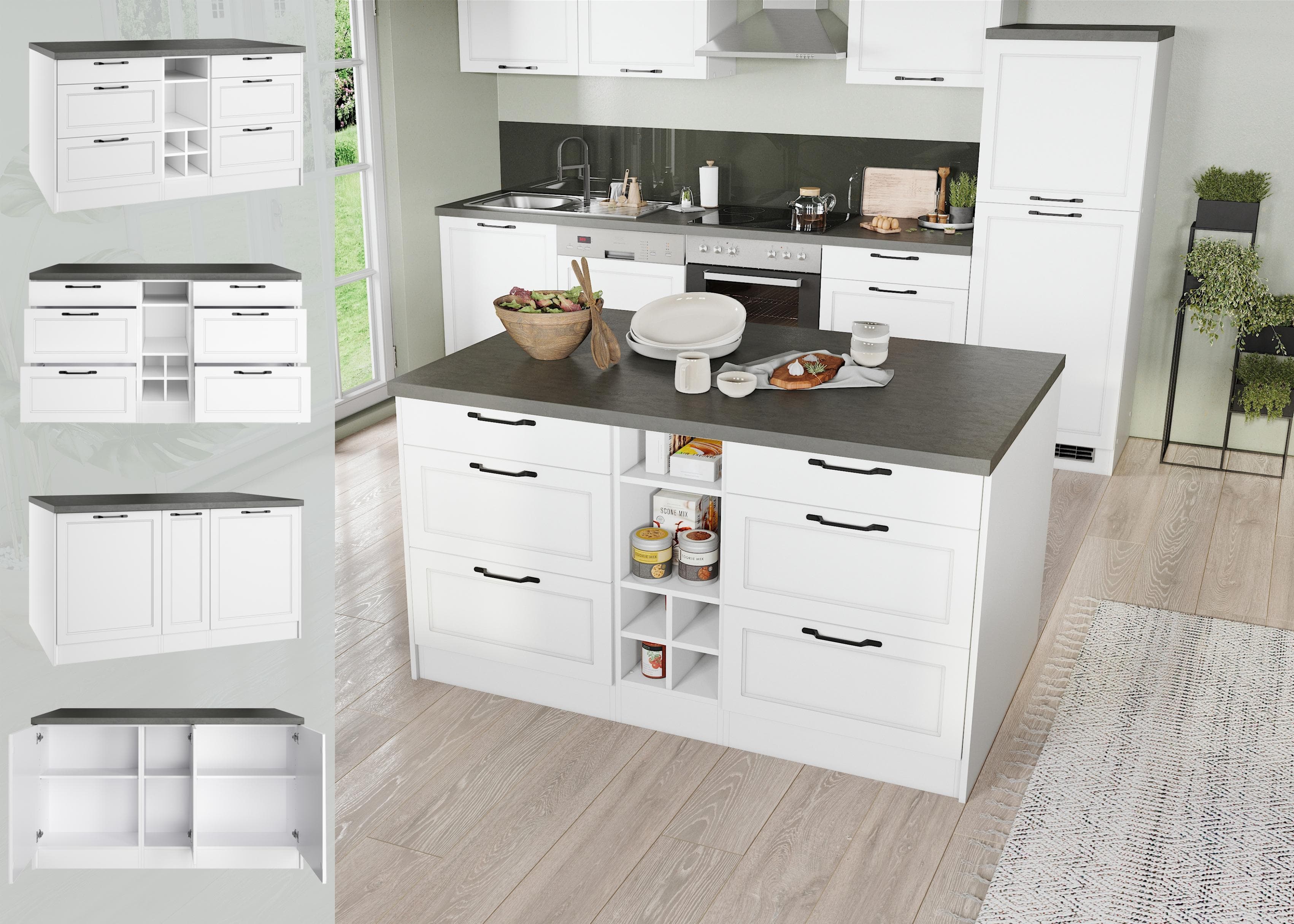 KOCHSTATION Kücheninsel KS-Lani Weiß mit Flaschenregal