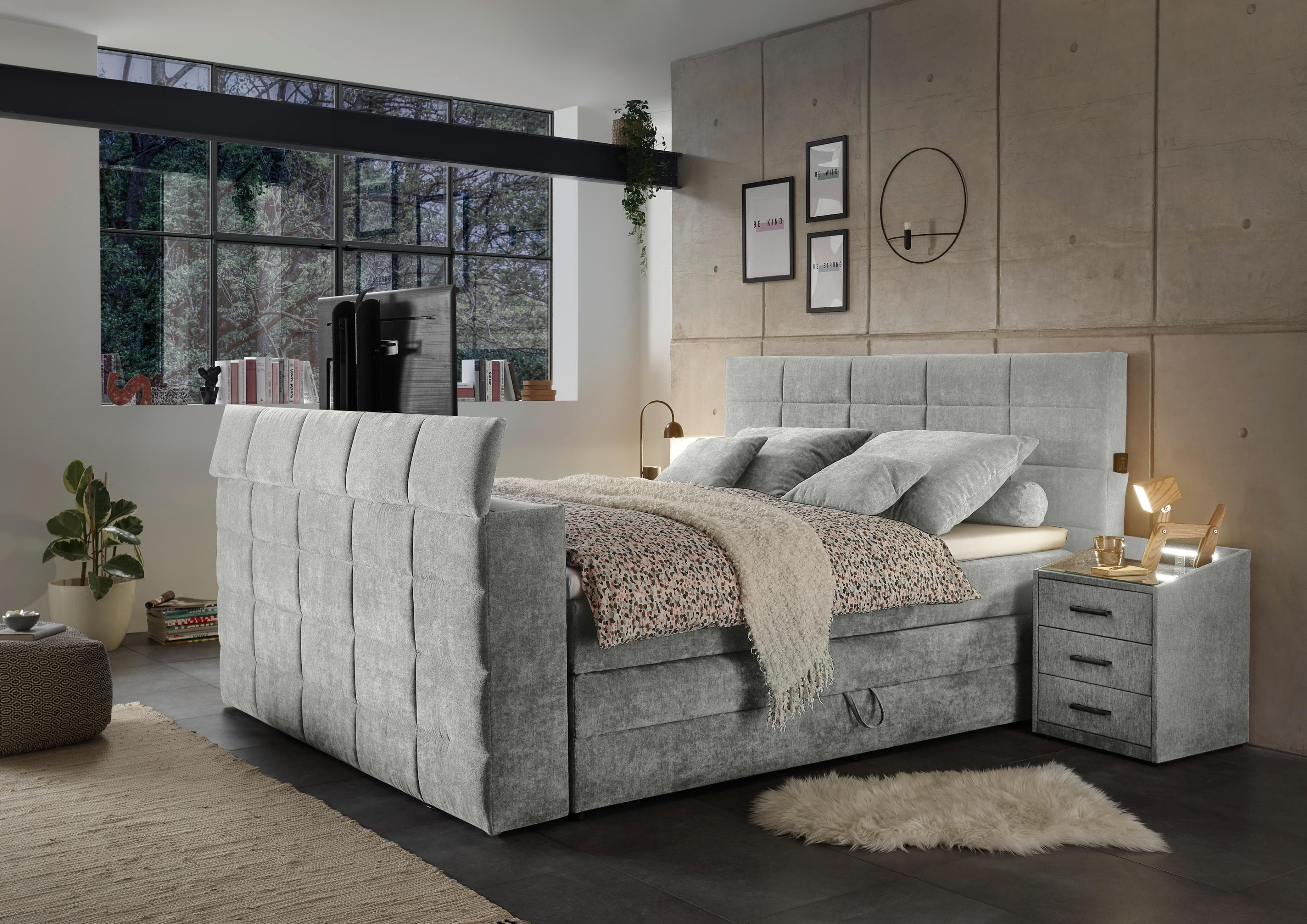 Boxspringbett ED EXCITING DESIGN Denver Grau mit TV-Halterung
