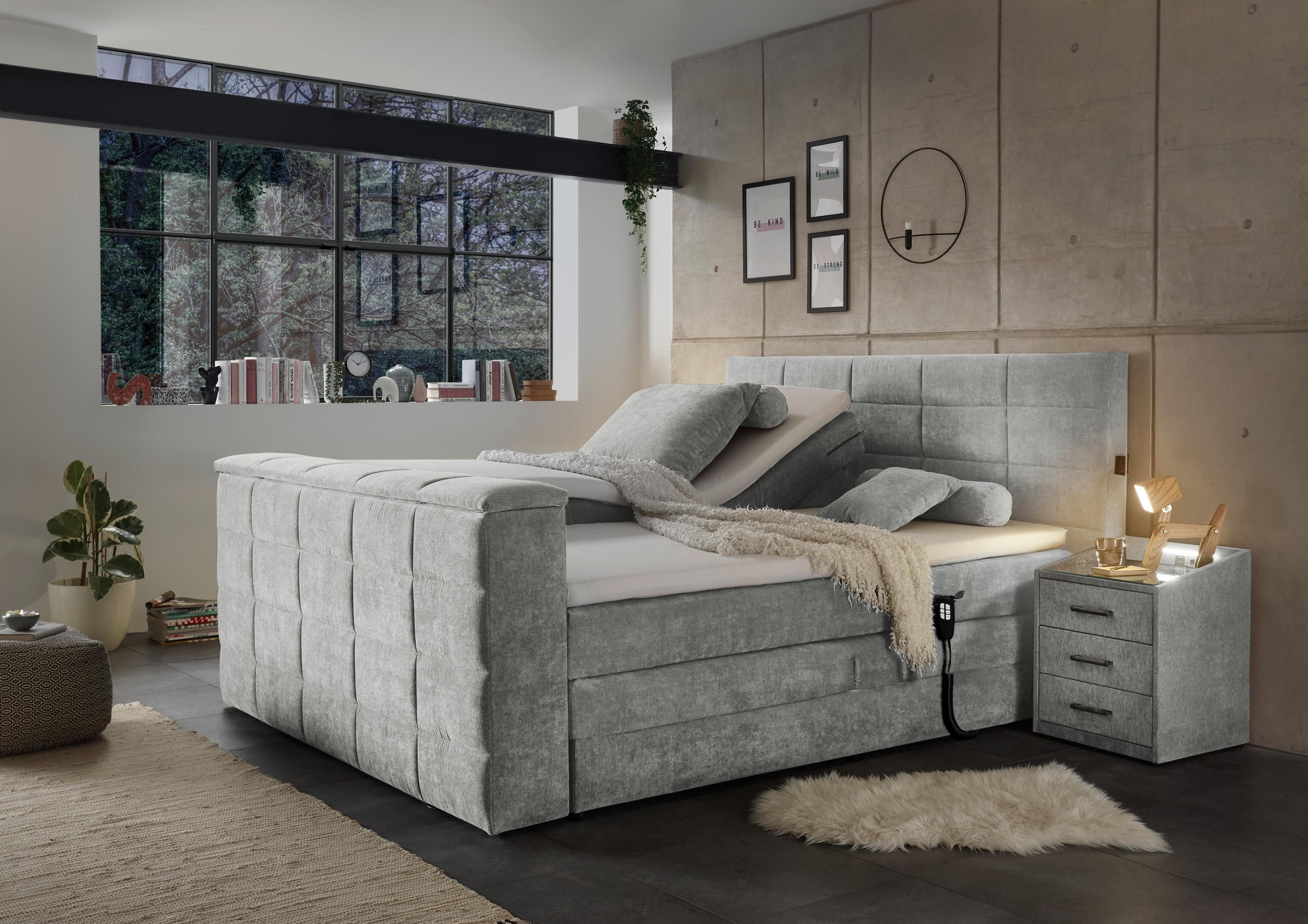 ED EXCITING DESIGN Boxspringbett Denver Grau mit Motor, Topper und TV-Halterung